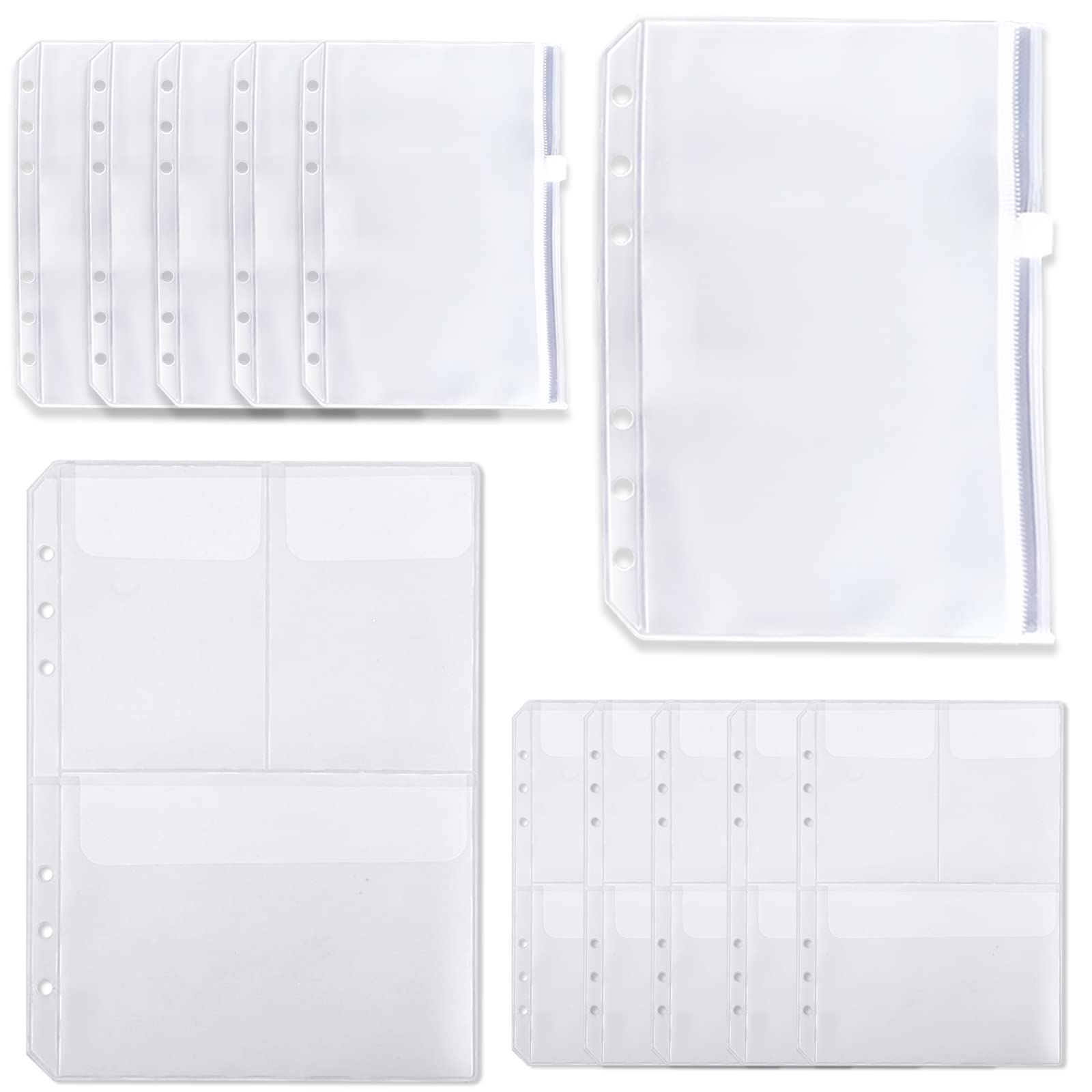 12PCS A5 Size Zipper Binder Pockets - Clear 6-Hole Waterproof PVC Loose Leaf Folders with Lid for Home, Office & School Supplies - Perfect for Organizing Documents, Notes and Stationery