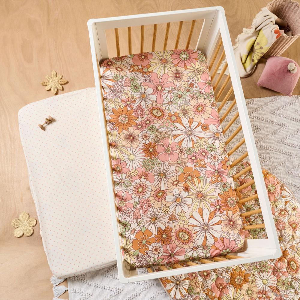 Linen House Kids Flower Power 2-Piece Fitted Crib Sheet Set - Soft Nursery Bedding for Baby Boys & Girls - Perfect for Daycare, Nursery Decor & Baby Showers