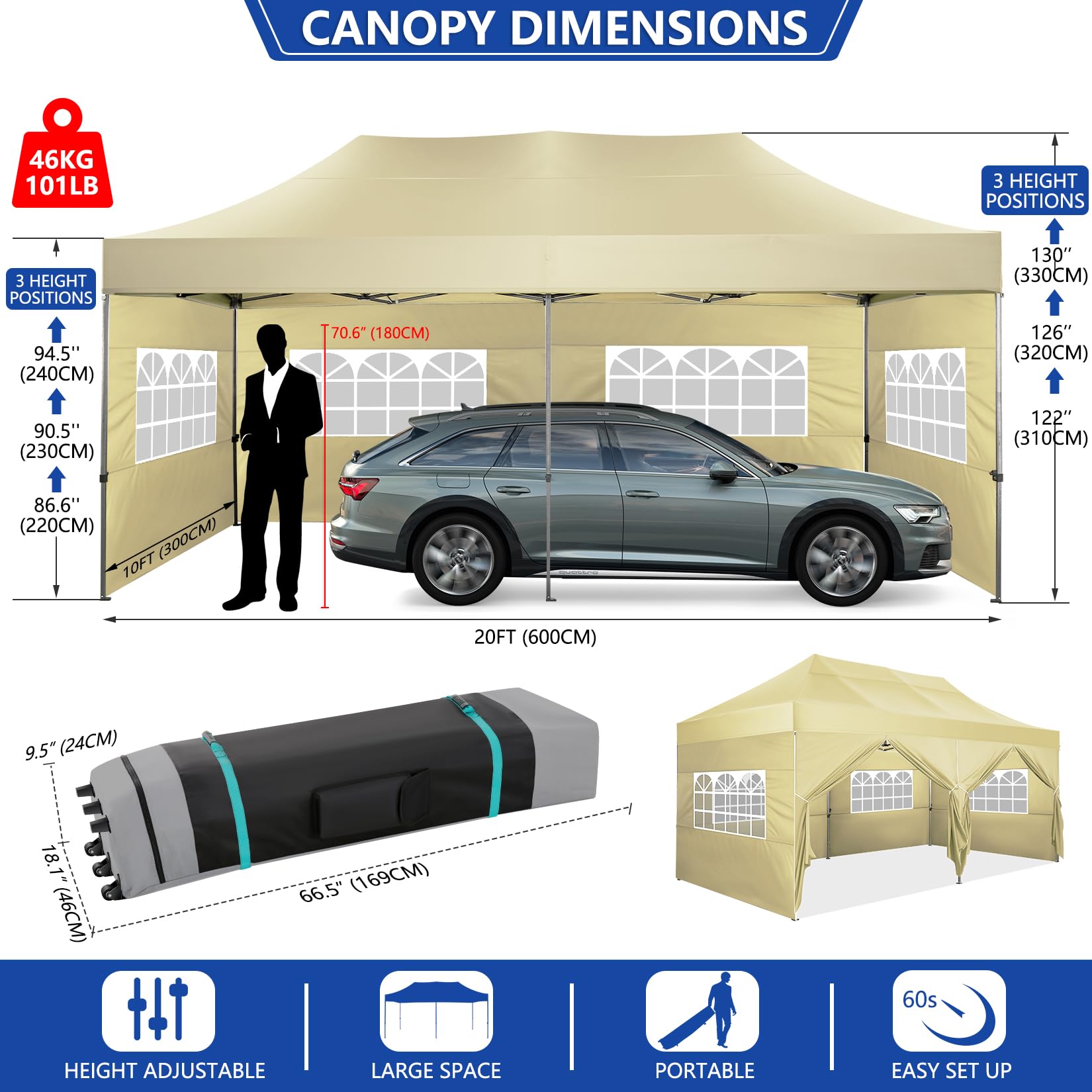 COBIZI 10x20 Heavy Duty Pop Up Canopy Tent with 6 Sidewalls - UPF 50+ Waterproof All-Weather Commercial Gazebo for Outdoor Events, Weddings & Parties - Includes Roller Carry Bag (Khaki) - Perfect for Backyard BBQs, Farmers Markets & Beach Gatherings