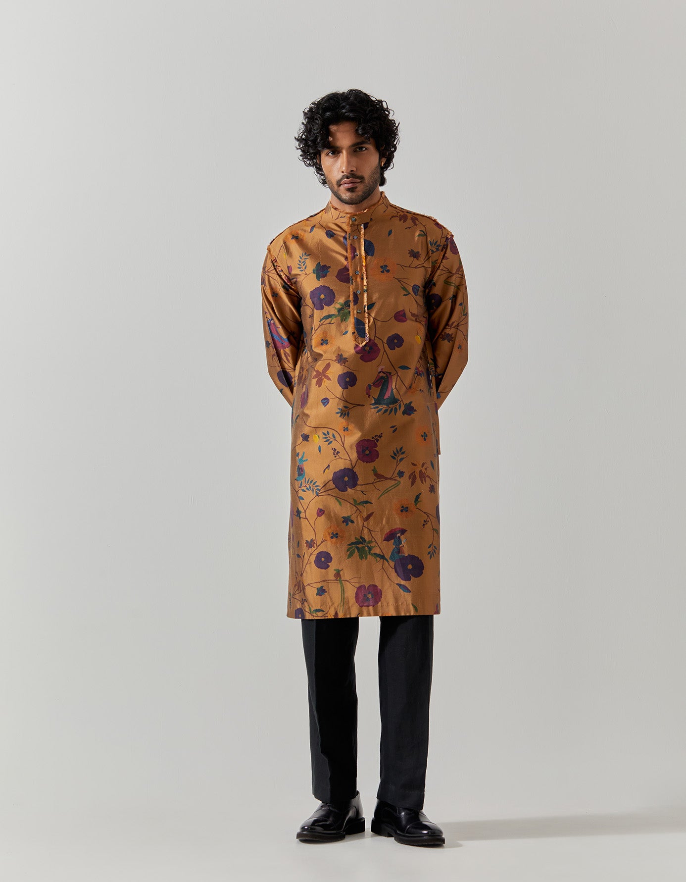 Raw Edge Bade Miyan Kurta - Premium Silk Dupion Gold Vineyard Embroidered Men's Tunic - Perfect for Festivals, Weddings & Cultural Events