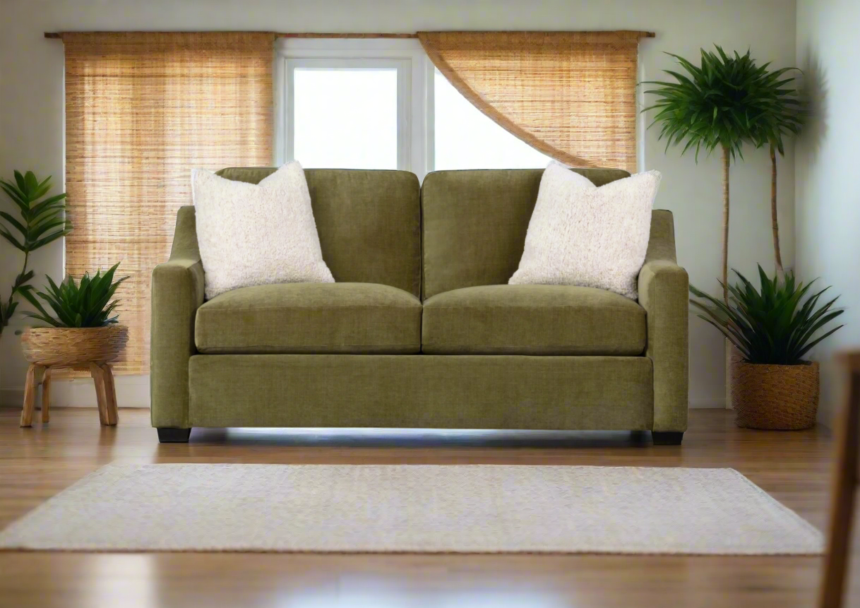 Klaussner Kavon Olive Green Fabric Sofa with Slope Arms - Modern Living Room Furniture for Comfortable Relaxation & Home Decor