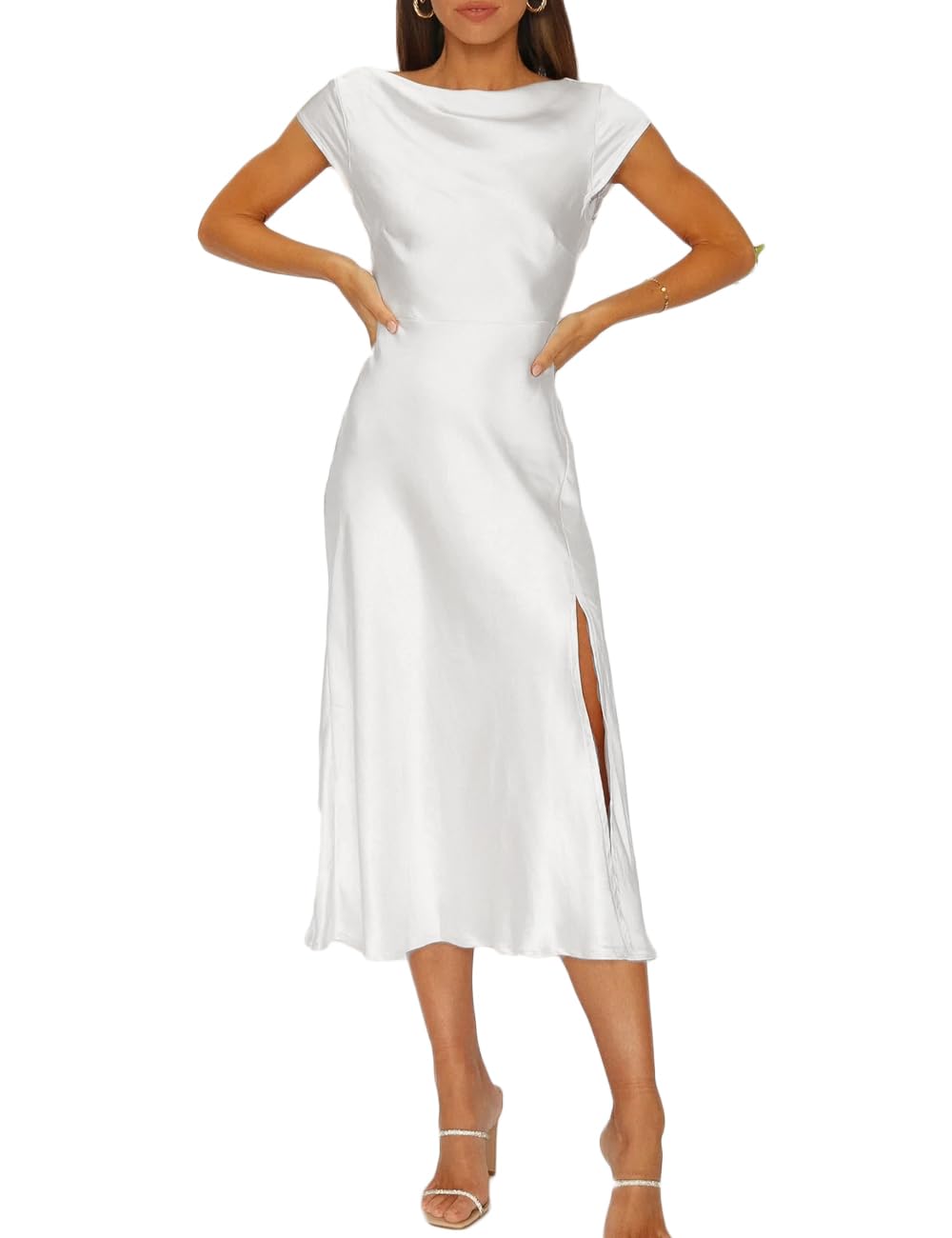 2023 Women's Summer Satin Backless Twist Midi Dress - Elegant Cowl Neck, Cap Sleeves & Side Slit for Cocktail Parties, Weddings & Special Occasions | Breathable & Sexy Formal Guest Dress