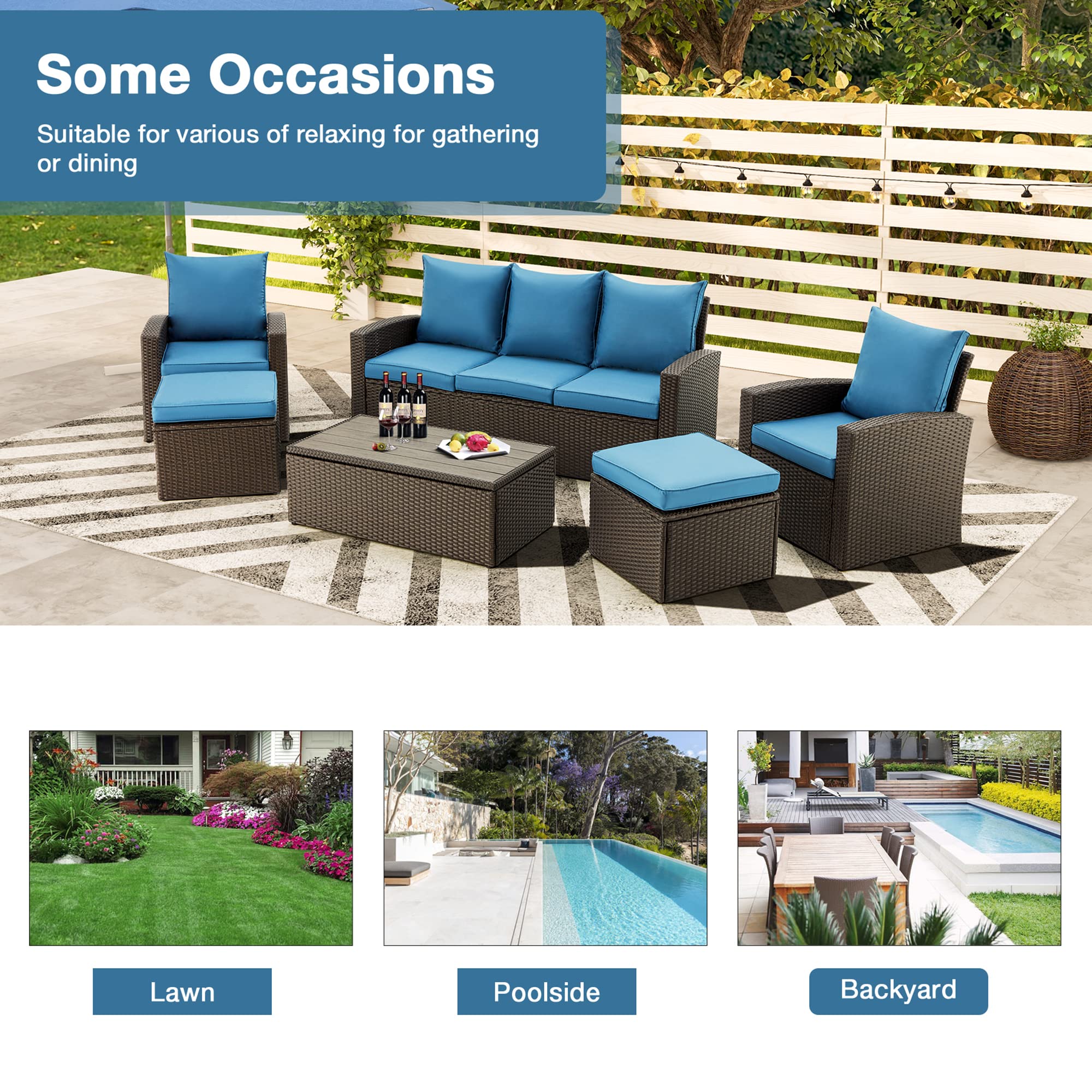 GYUTEI 6-Piece Outdoor Patio Furniture Set - Navy Blue Rattan Sectional Sofa with Ottoman & Storage Table - Weather-Resistant Garden, Porch, Backyard Conversation Set for Relaxing & Entertaining
