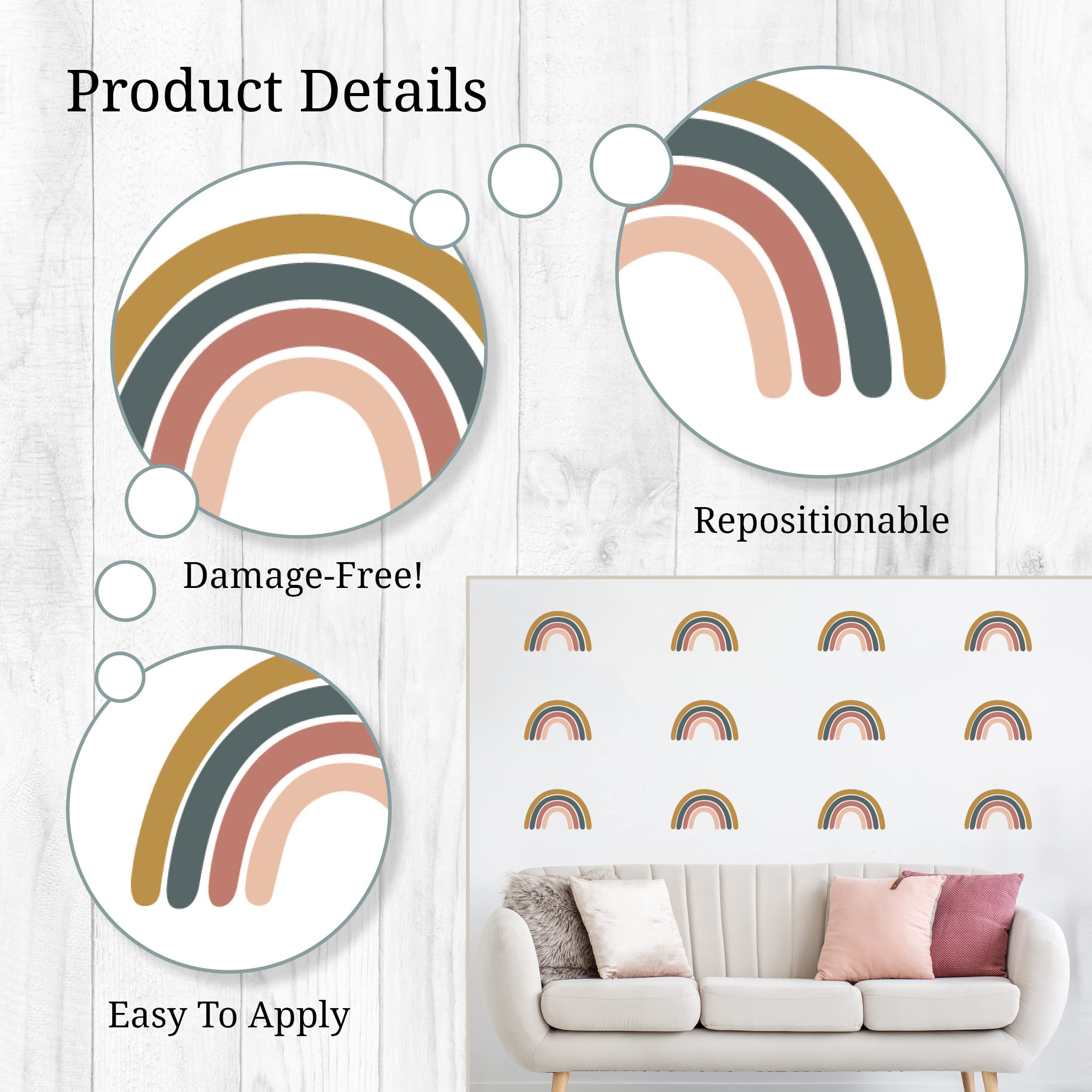 Boho Rainbow Wall Decals - Set of 24 Neutral Rainbow Wall Stickers for Nursery, Bedroom, Playroom & Classroom Decor | Removable Peel and Stick Wall Art | Perfect for Kids Rooms, Dorm Decor & Home Interior Design