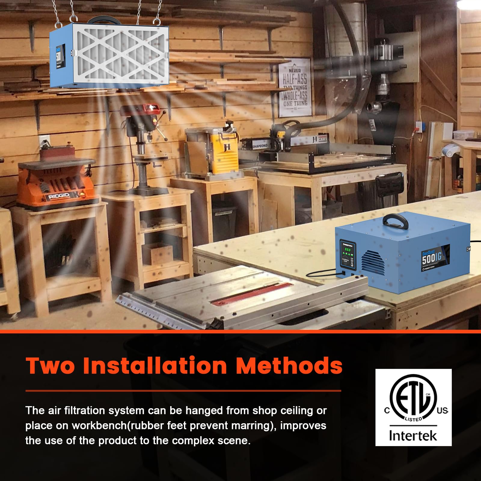 Abestorm Remote-Controlled Air Filtration System with Built-in Ionizer - Industrial Hanging Air Purifier for Woodworking, Garage & Workshop | DecDust 500IG | Eliminates Dust & Pollutants for Cleaner Workspaces