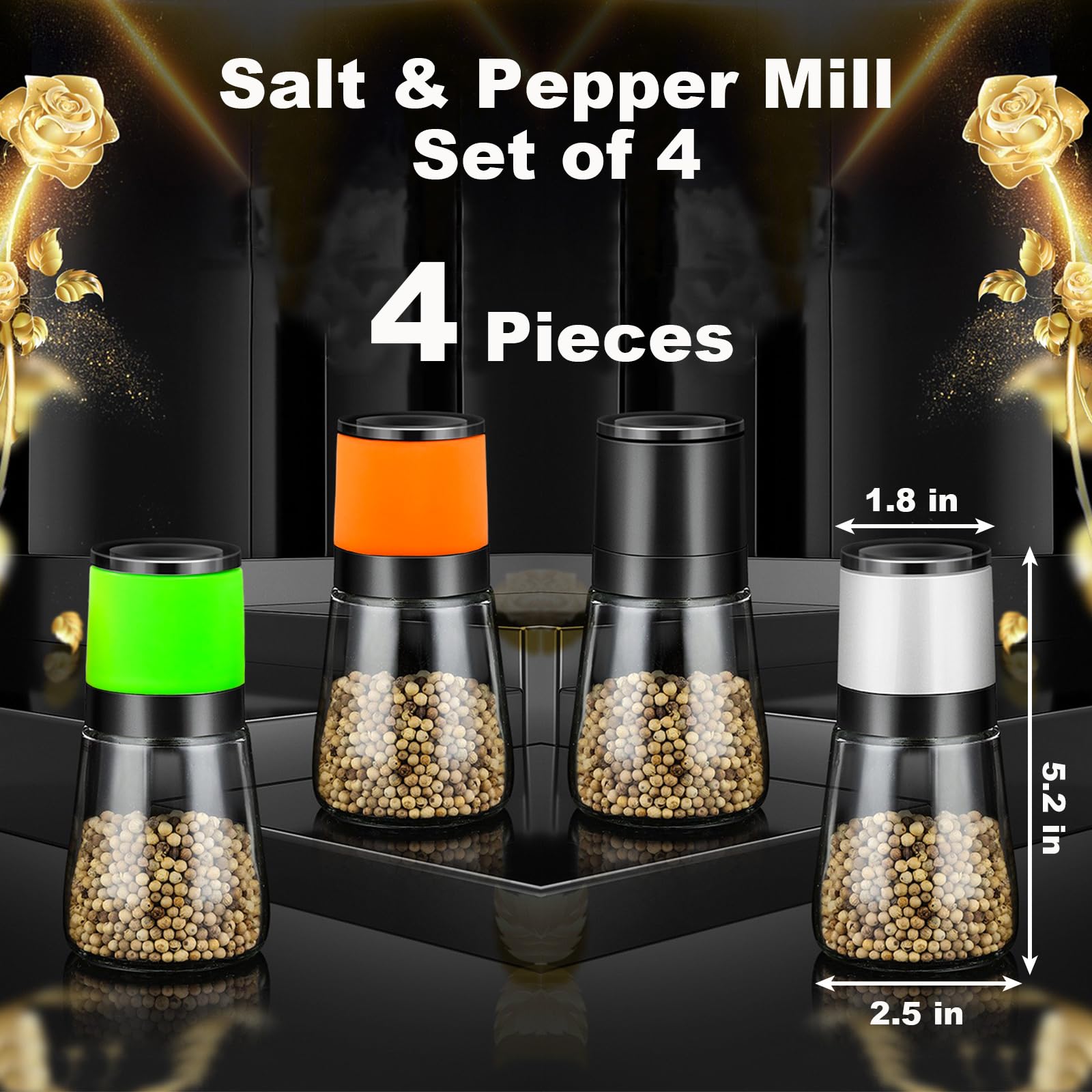 Premium Salt and Pepper Grinder Set of 4 - Refillable Adjustable Ceramic Mill with Glass Body - Perfect for Kitchen, Dining Table & Gourmet Cooking
