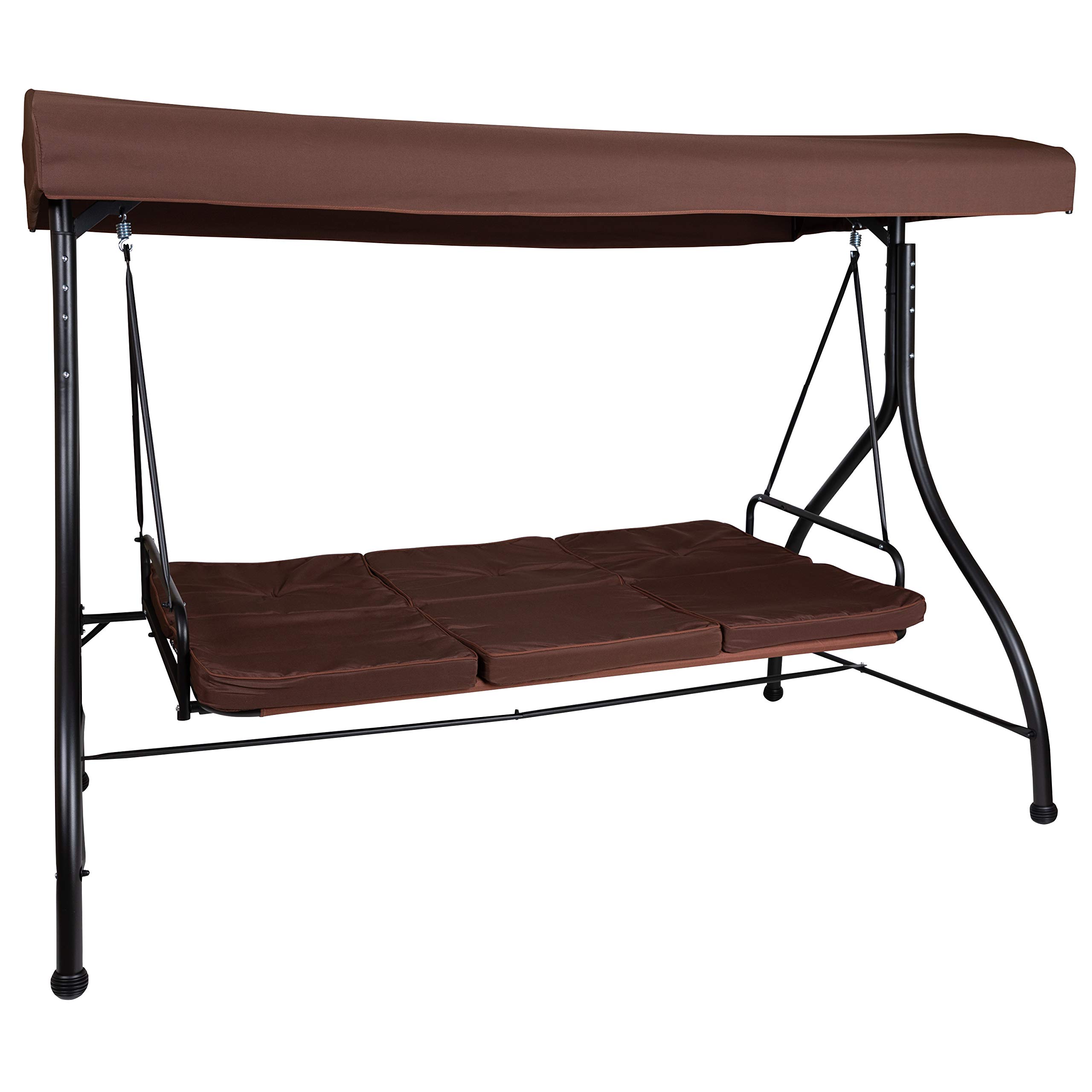 Emma & Oliver 3-Seat Outdoor Steel Convertible Patio Swing Bed with Canopy - Brown Hammock for Garden, Backyard, Porch Relaxation