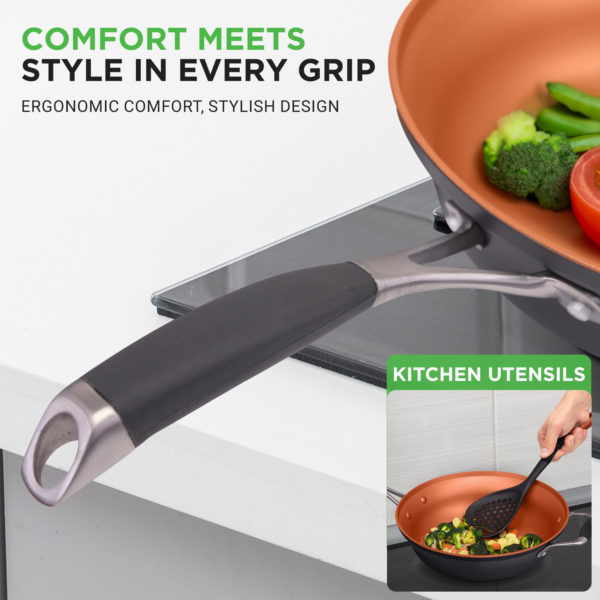 NutriChef 14-Piece Non-Stick Cookware Set - Copper Pots & Pans with Lids, Frying Pans, Spatula, Pasta Server & Soup Ladle | Durable Silicone Handles | Perfect for Home Cooking, Meal Prep & Family Dinners