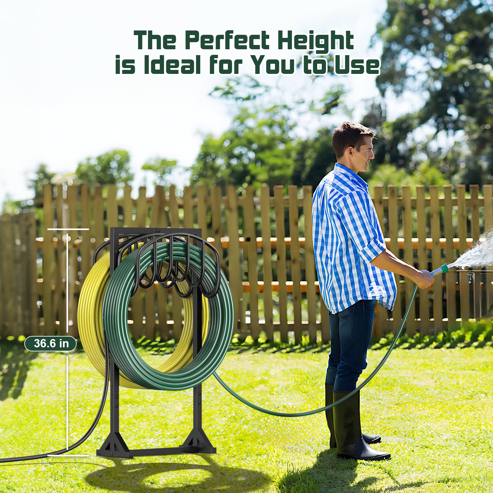 Heavy Duty Freestanding Garden Hose Holder with 4 Spikes - Double-Sided Metal Hose Reel Stand for 150ft Hose - Outdoor Yard Lawn Storage Rack for Watering, Gardening & Car Washing