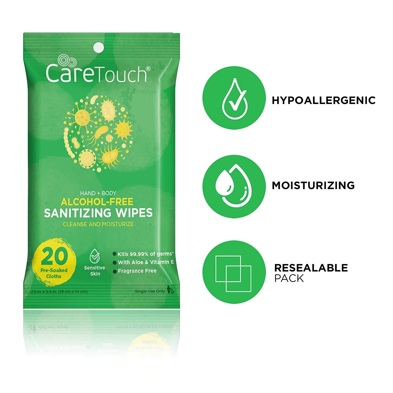 CareTouch Sanitizing Wipes - 20 Count | Antibacterial & Disinfecting Cleaning Wipes for Hands, Surfaces & Electronics | Travel, Home & Office Use