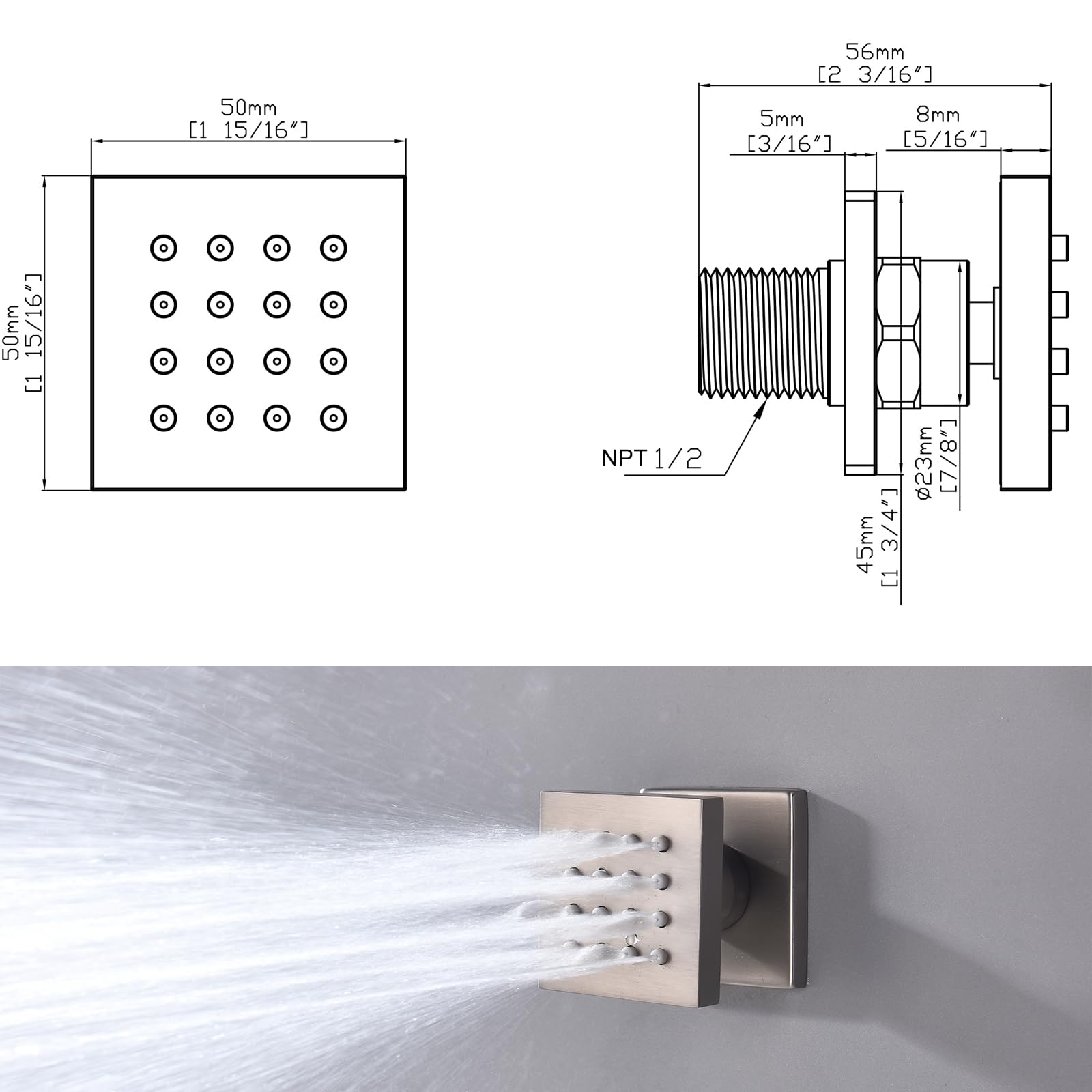 6PCS Square Shower Body Jet Spray with On/Off Flow Control - Brass Head Spa Massage Wall Mounted Shower Jets in Brushed Nickel for Bathroom Relaxation & Hydrotherapy