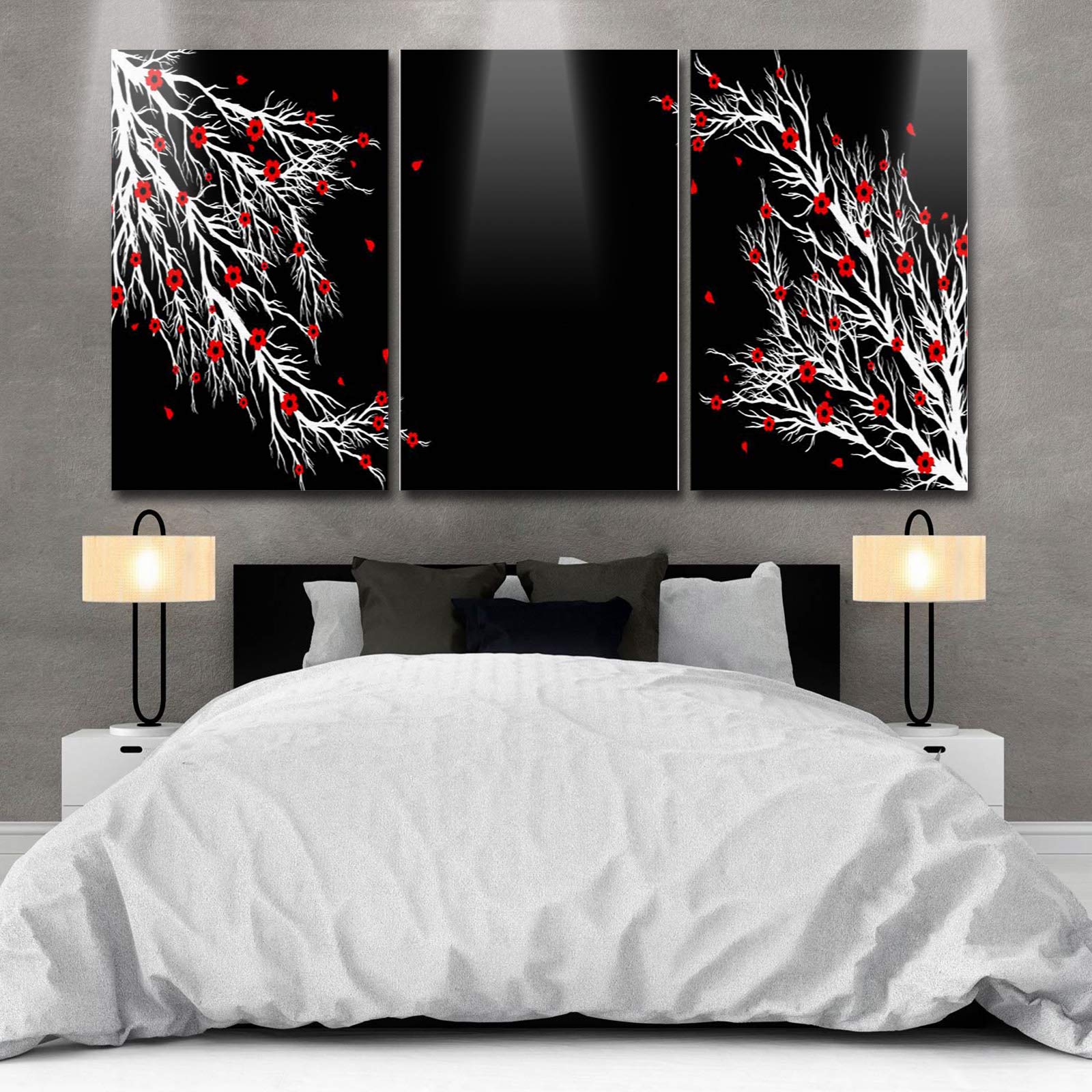 Framed Red Plum Blossom Canvas Art - 3 Panel Ink Painting for Bedroom & Living Room Decor