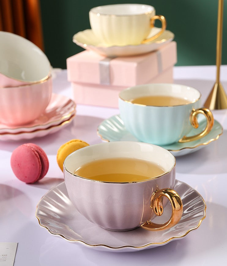Elegant Macaron Ceramic Coffee Mugs & British Tea Cups Set - Creative Bone China Porcelain Tea Cup with Saucer - Perfect Birthday Gift for Tea Lovers - Ideal for Afternoon Tea, Coffee Break & Home Decor