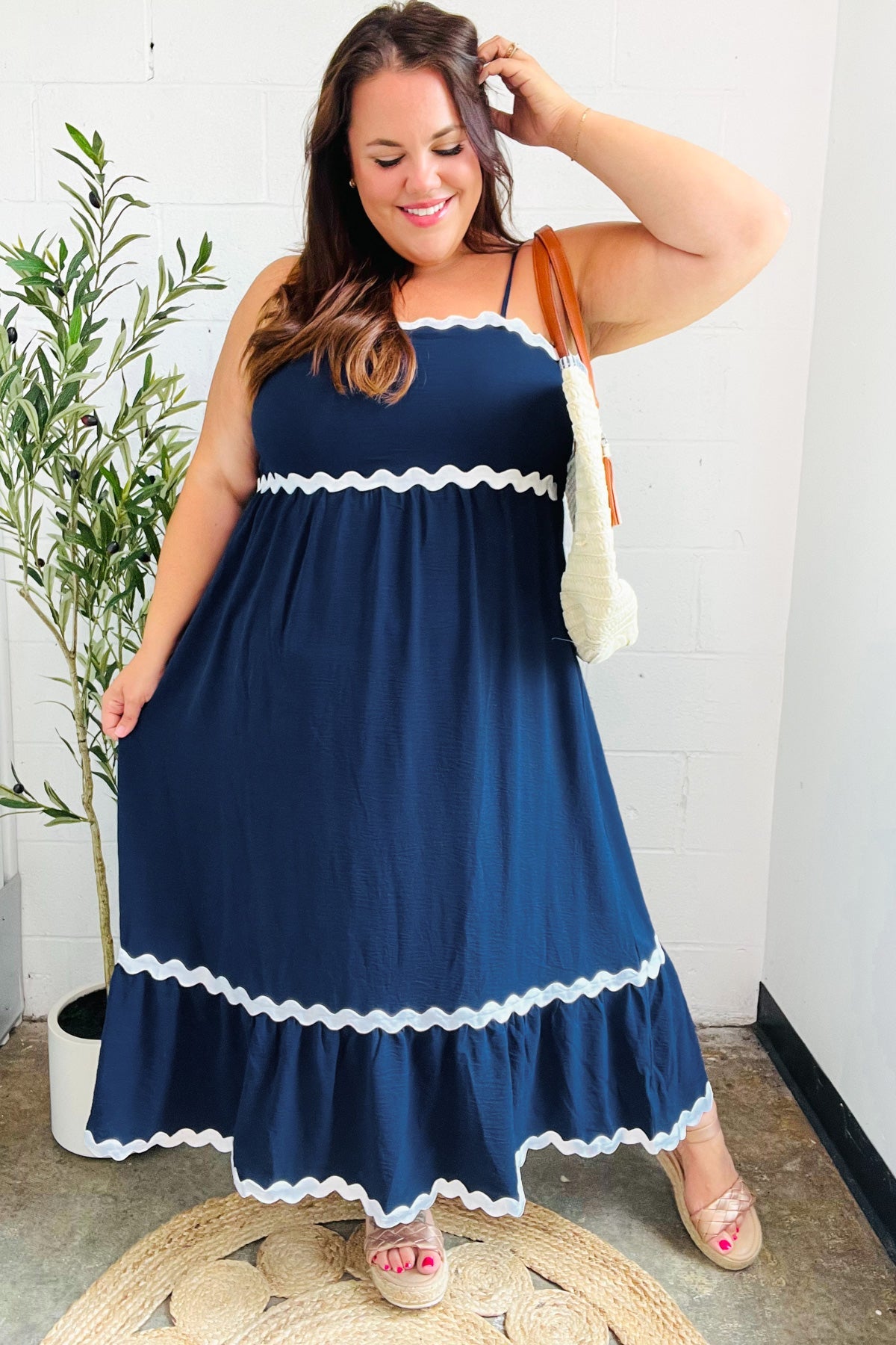 Bold & Sassy Navy Blue Square Neck Maxi Dress with Ric Rac Trim & Adjustable Straps - Perfect for Summer Beach Vacations, Date Nights & Boho Chic Outfits