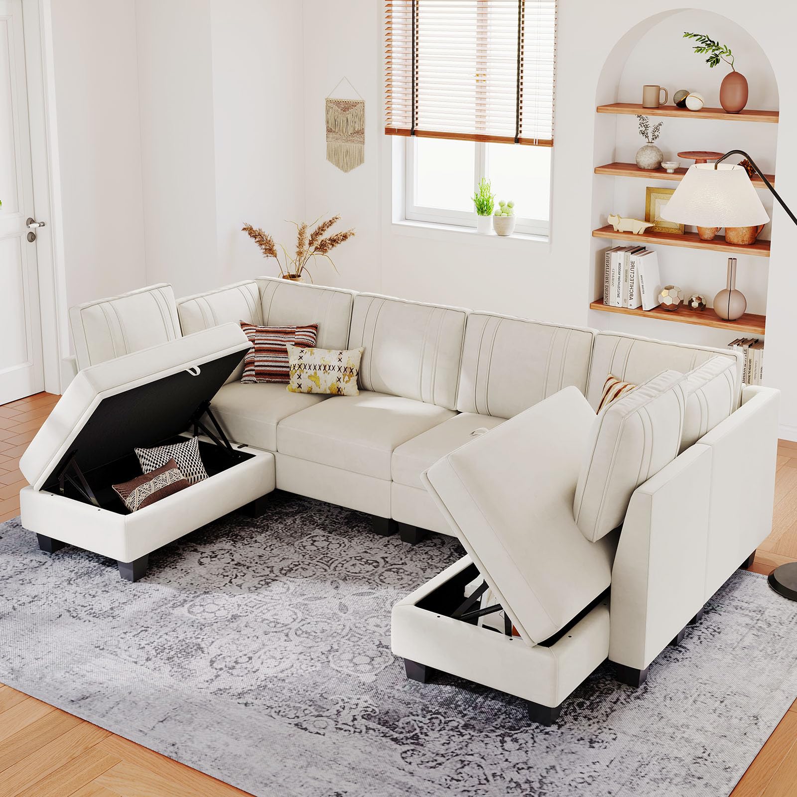 Belffin U-Shaped Sectional Sofa with Storage Ottoman - Convertible Living Room Couch in Beige | Modern L-Shaped Sofa Bed for Small Spaces, Family Gatherings & Movie Nights
