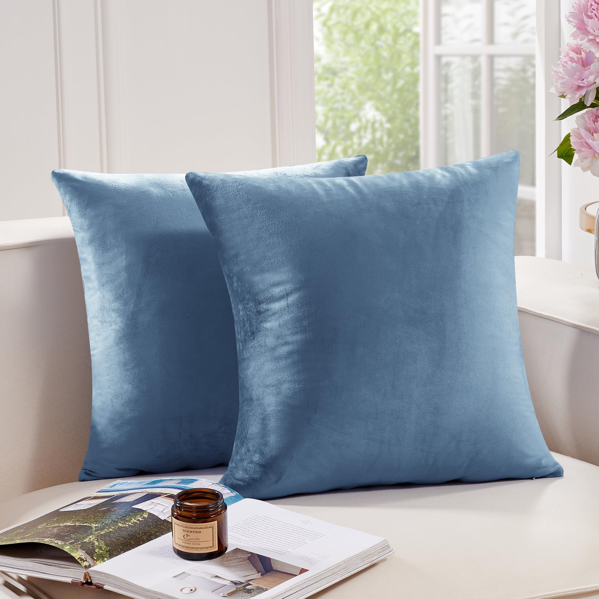 Deconovo 16x16 Inch Velvet Throw Pillow Covers Set of 2 - Super Soft Plush Decorative Cushion Covers for Sofa, Couch & Living Room - Stone Blue - Perfect for Home Decor, Accent Pillows & Cozy Comfort