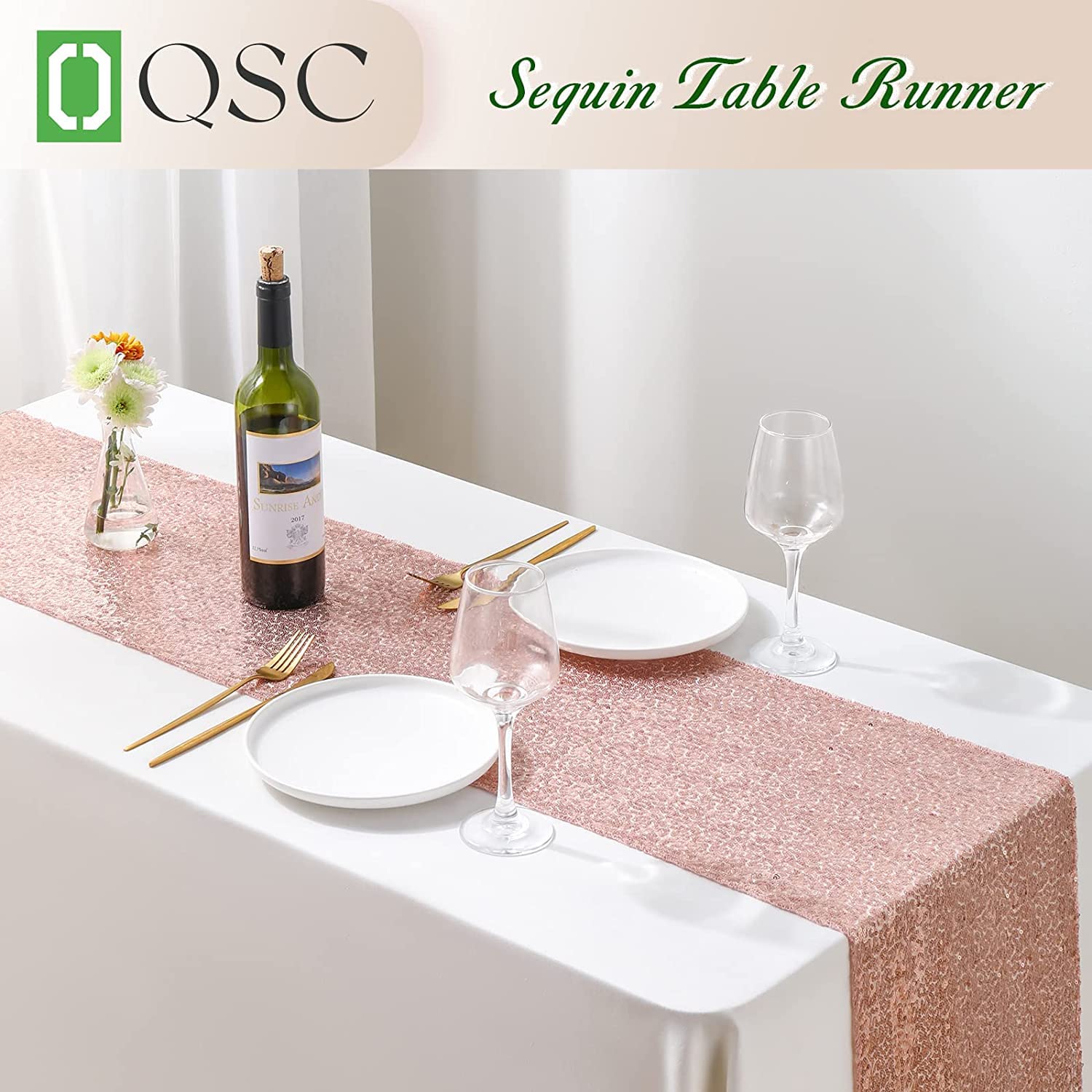 10 Pack Rose Gold Sequin Table Runners - Elegant Party Table Decorations for Weddings, Christmas & Special Events - Glittering Tablecloth for Banquet, Reception & Holiday Celebrations