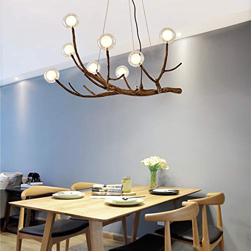 Modern Adjustable Wood Branch LED Chandelier - 24W 8-Light Glass Globe Pendant Fixture with White Bulbs Included - Perfect for Living Room, Dining Room, Restaurant & Bar Lighting