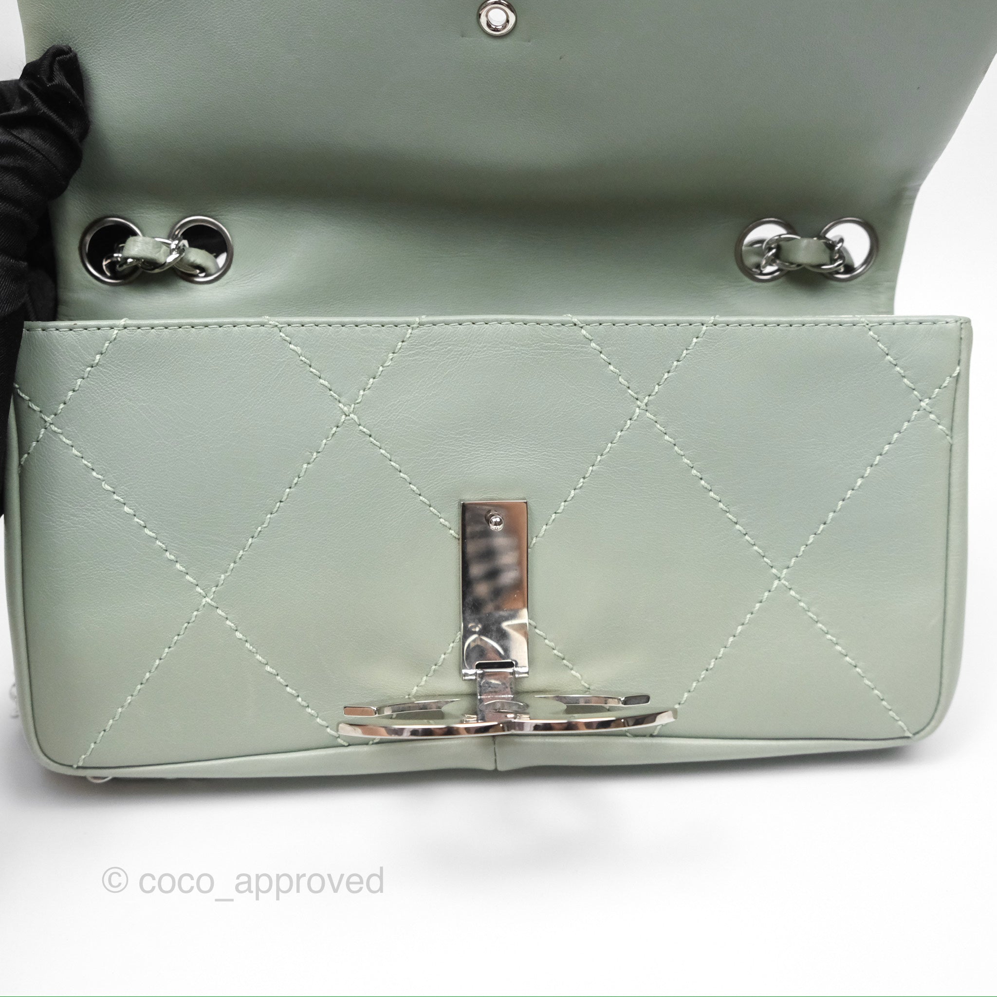 Chanel CC East West Flap Bag Genuine Lambskin Leather Mint Green with Silver Hardware - Luxury Crossbody Purse for Women, Perfect for Date Night & Special Occasions