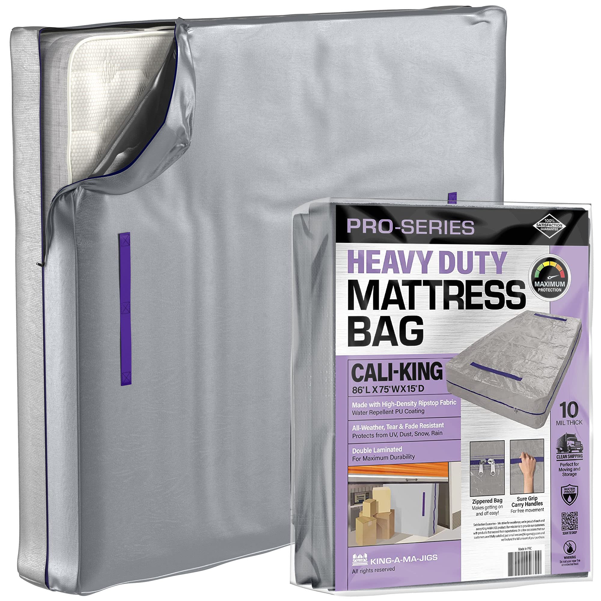 California King Mattress Bags for Moving & Storage - Heavy Duty 10 Mil Zippered Mattress Cover with 8 Carry Handles - Waterproof Mattress Protector for Home, Dorm, Apartment Moves & Long-Term Storage