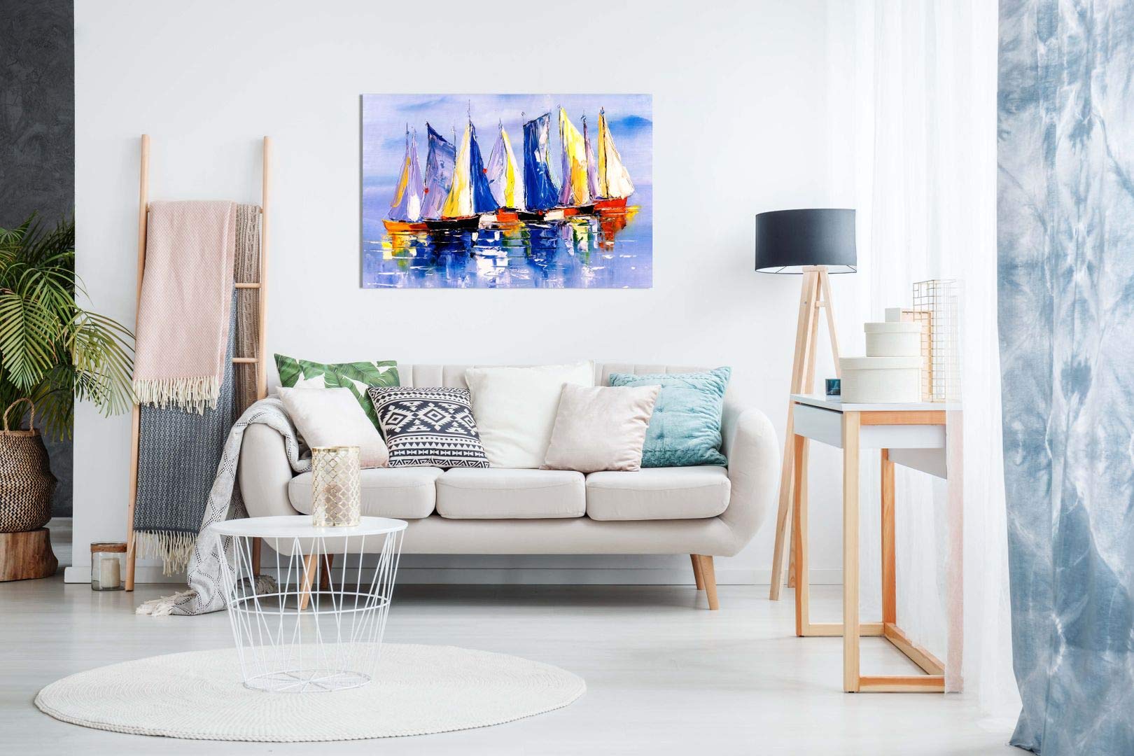Boats in Sea Oil Painting Canvas Wall Art Print - 36x24 Inches - Nautical Decor for Living Room, Bedroom & Office