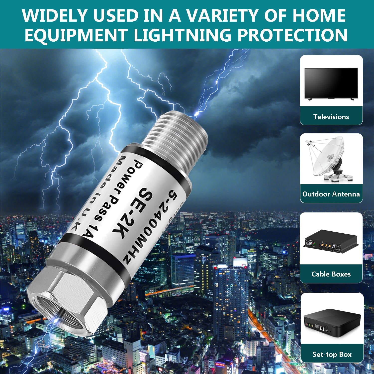 75 Ohm Coaxial Cable Protector for TV & Satellite - Surge & Lightning Protection - Perfect for Home Theater & Outdoor Antenna Installations