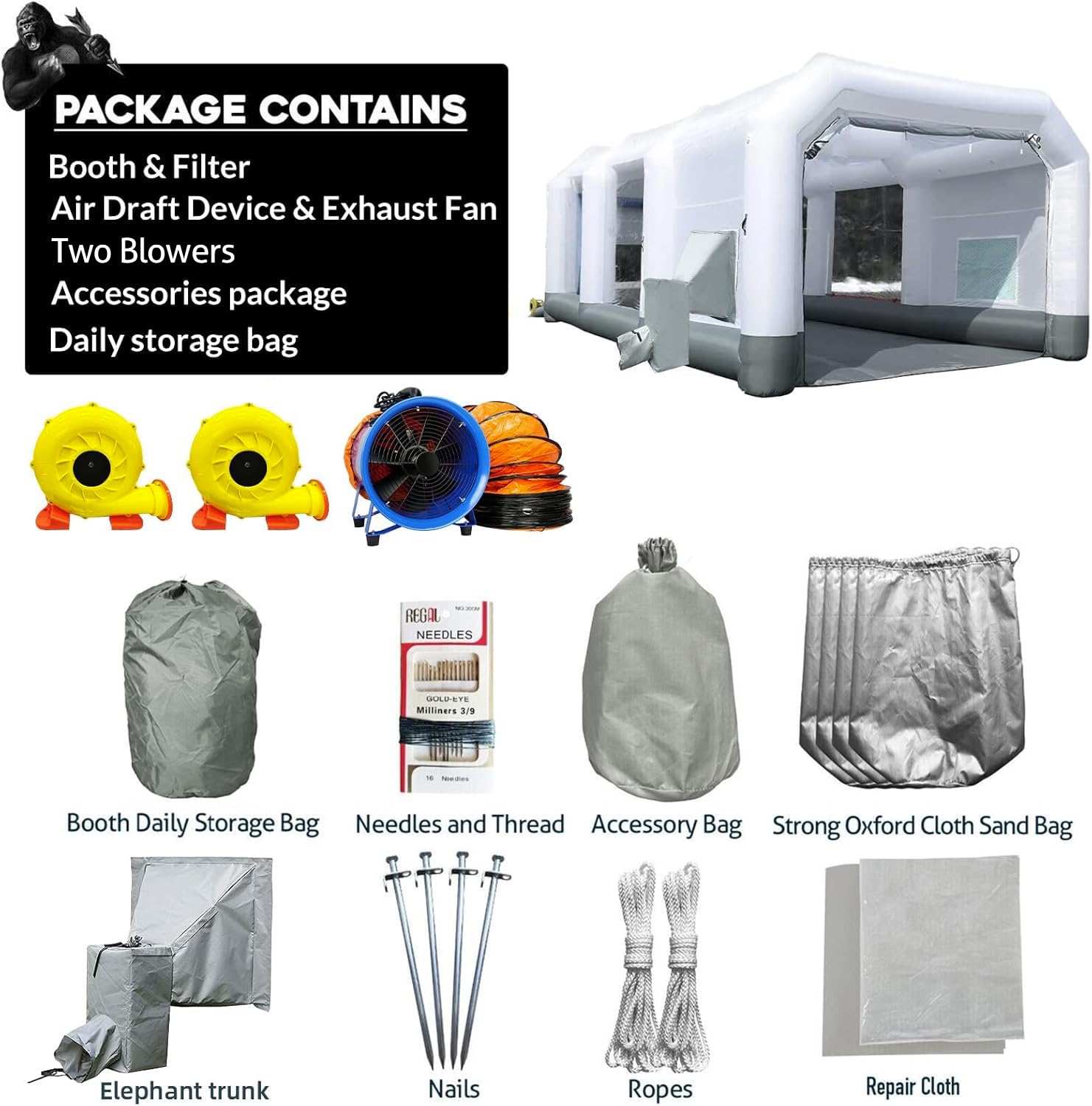 GORILLASPRO Professional Inflatable Paint Booth 26x15x10Ft - Portable Spray Painting Tent with Air Draft System & 950W Exhaust Fan (Includes 750W+950W Blowers) - Ideal for Automotive, Woodworking & DIY Projects