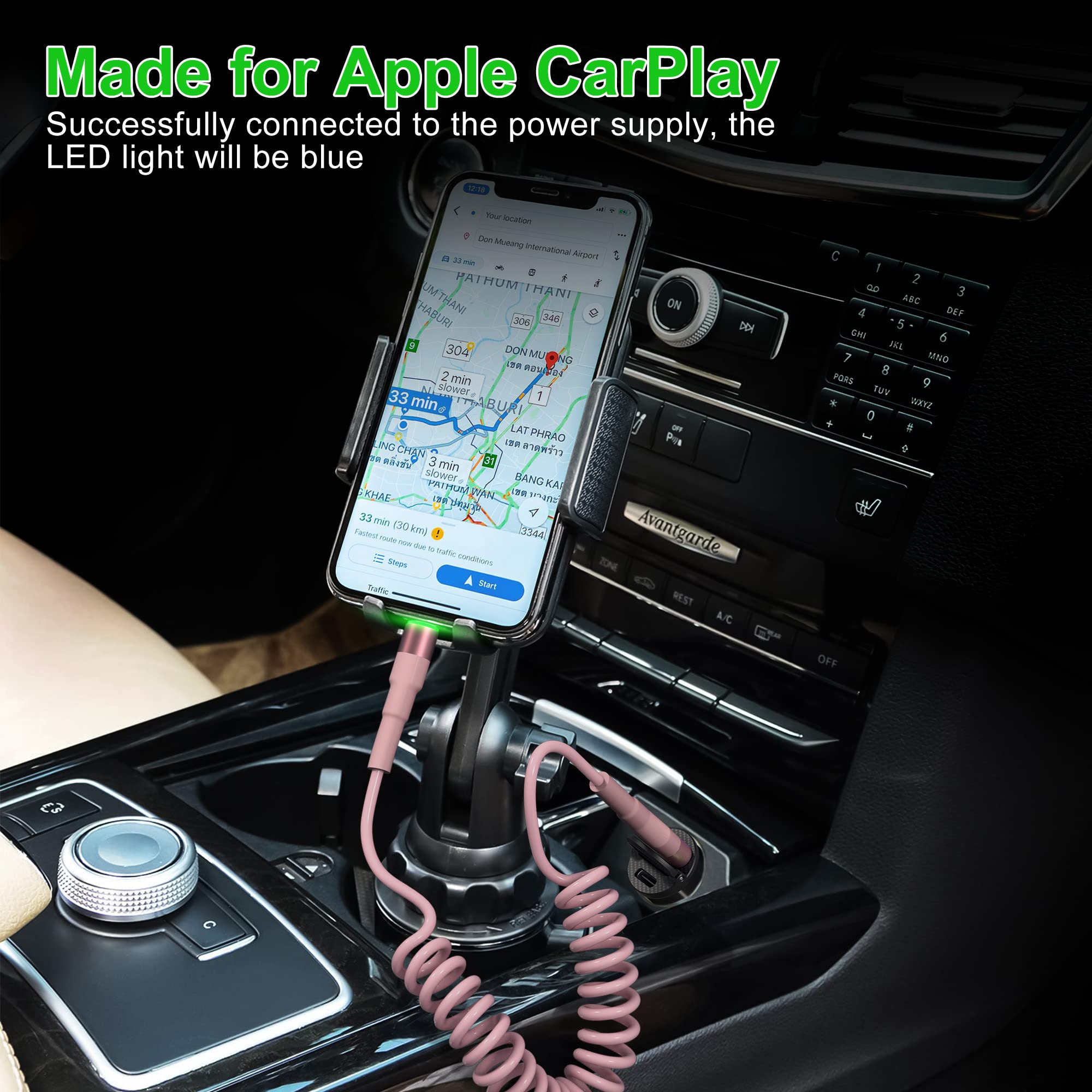 MFi Certified Coiled iPhone Lightning Cable - 3ft Short Apple CarPlay Charger with Fast Data Sync - Durable Pink Charging Cable for iPhone in Car, Home & Office Use