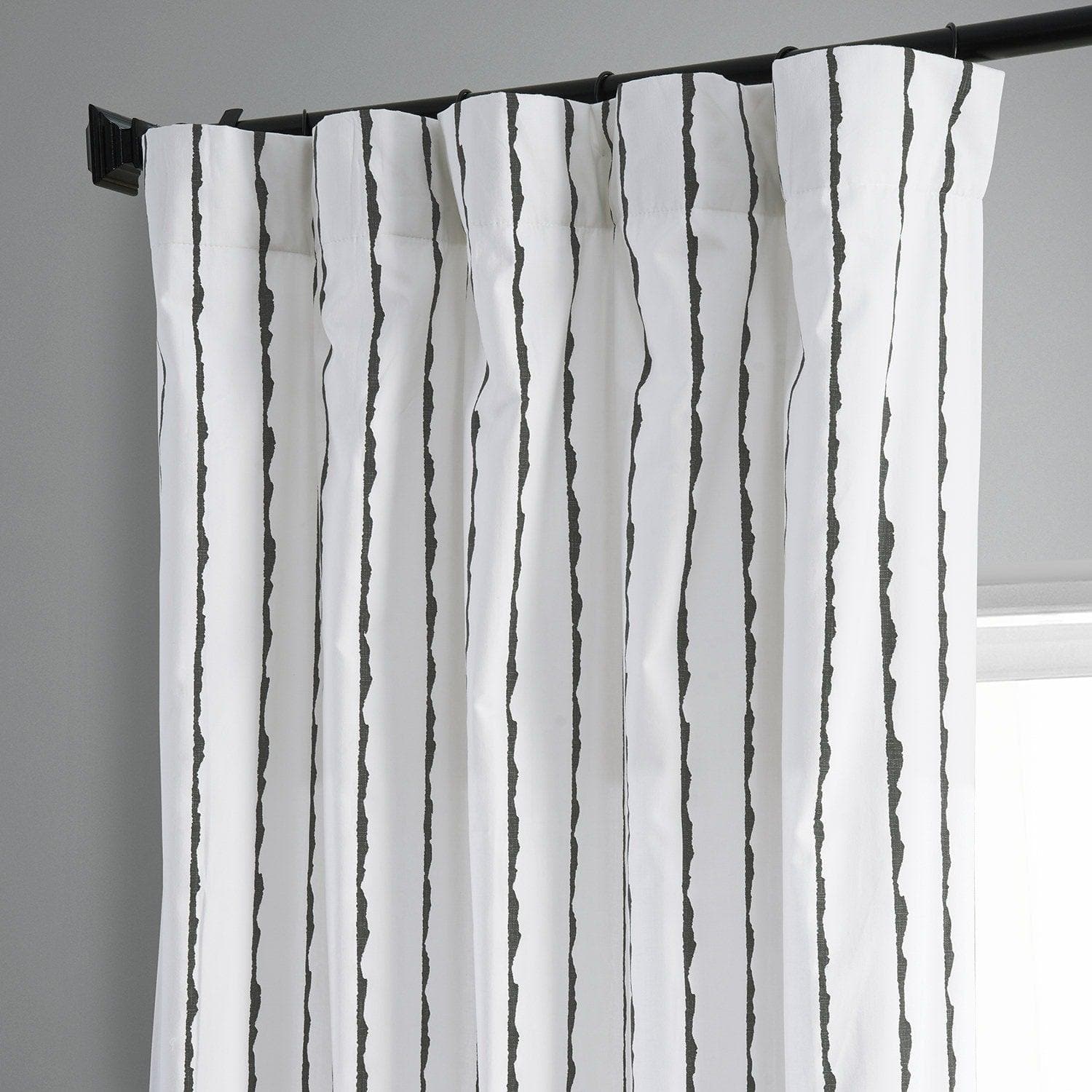 Black Striped Sharkskin Print Cotton Room Darkening Curtains - Thermal Insulated, Noise Reducing Window Drapes for Bedroom, Living Room & Home Theater