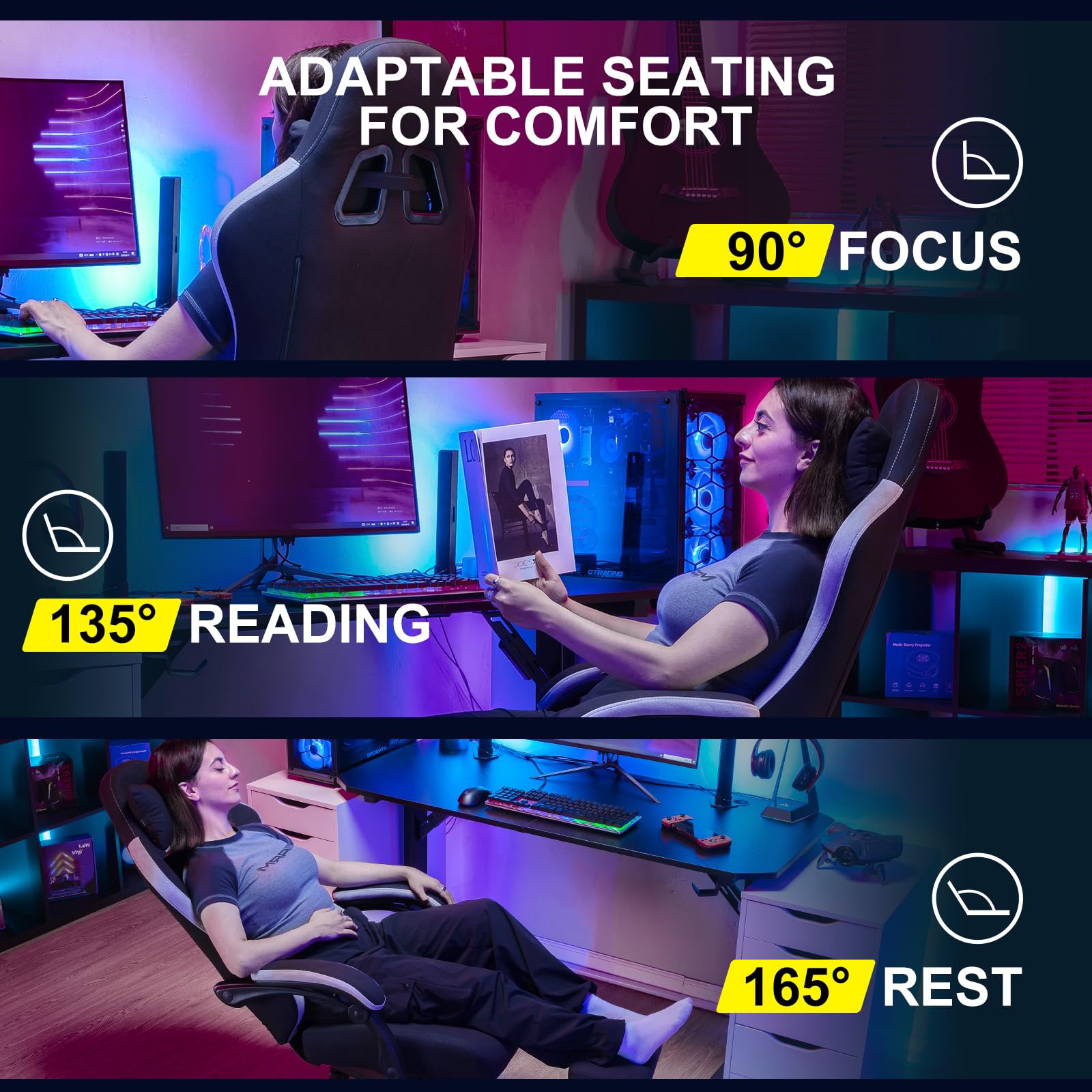 GTPLAYER Ergonomic Gaming Chair with Pocket Spring Cushion & Adjustable Footrest - High Back Office Computer Chair with Lumbar Support & Linkage Armrests for Home, Office, and Gaming Setup