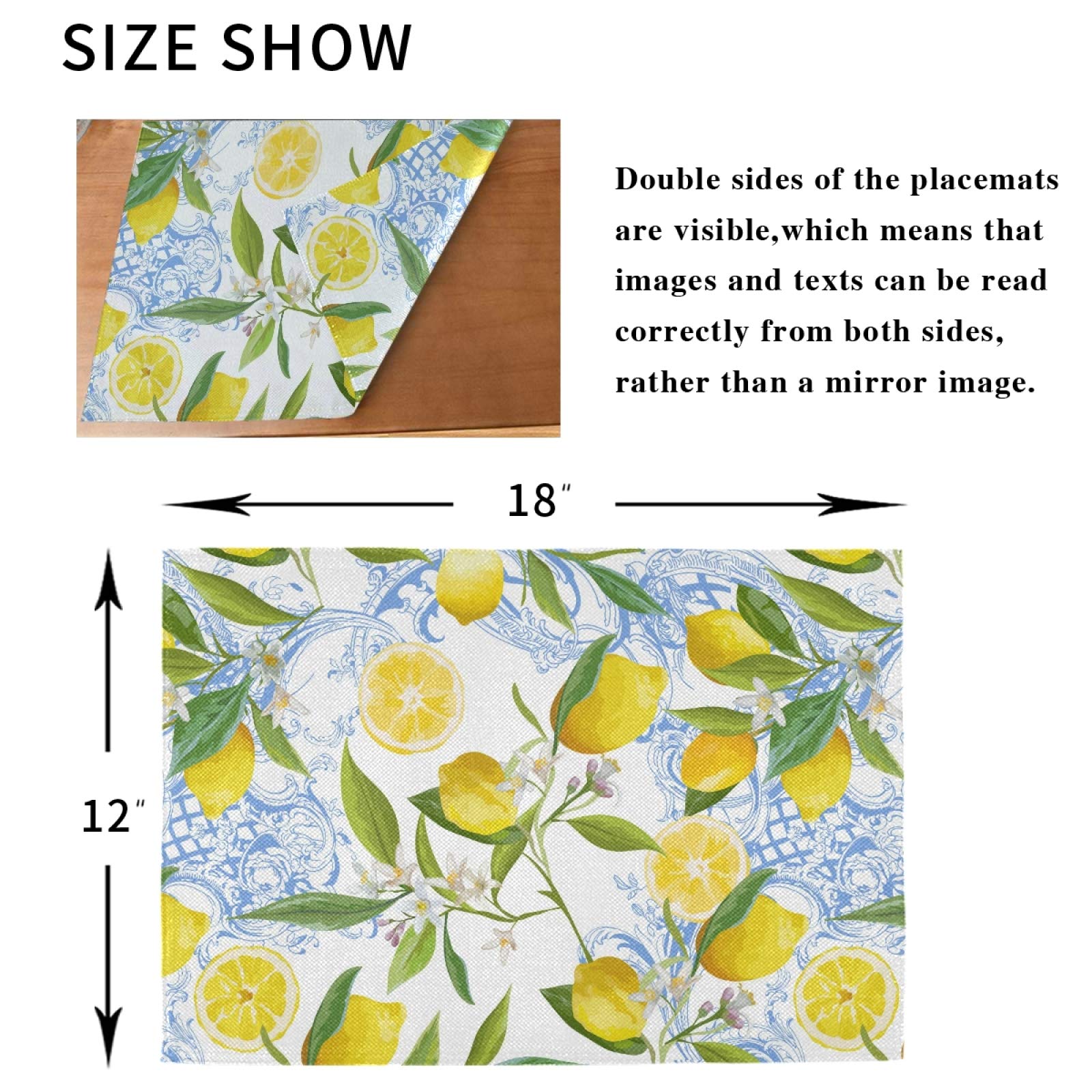Baroque Yellow Lemon Placemats Set of 6 - Heat Resistant, Stain Resistant, Washable & Non-Slip Vinyl Table Mats for Dining Table Decor - Perfect for Kitchen, Breakfast Nook, and Outdoor Picnic Settings