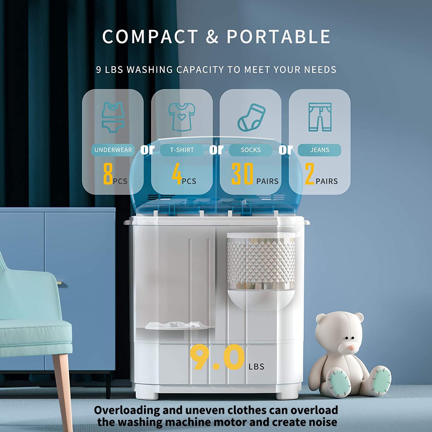 Auertech Portable Washing Machine - Mini Twin Tub Washer (9lbs Capacity) & Spinner (5lbs Capacity) | Compact Laundry Machine with Timer | Perfect for Apartments, Dorms, RVs & Camping | Space-Saving Solution for Small Homes & Travel