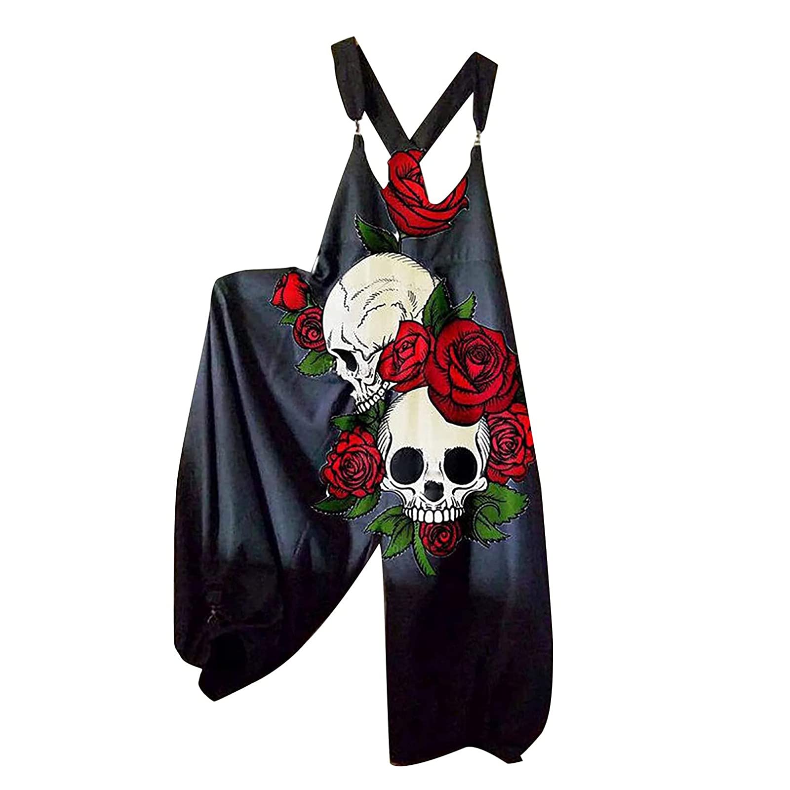 NAMTYQX Women's Halloween Overalls - Cotton Linen Baggy Wide Leg Pants, Loose Fit Romper Jumpsuit with Skull Print | Perfect for Halloween Costumes, Cosplay, and Casual Wear