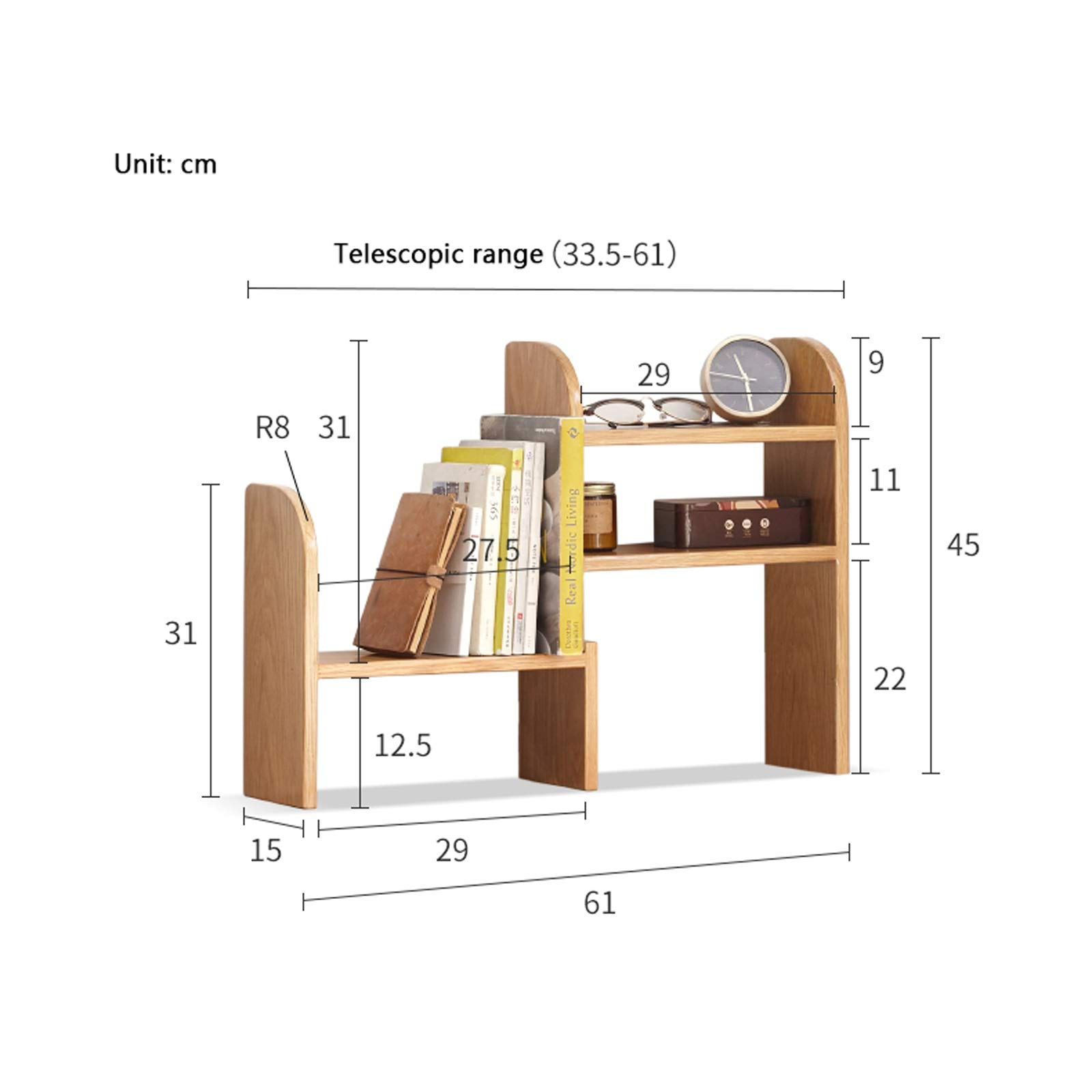 Natural Oak Expandable Bookshelf - Adjustable Desktop Book Organizer for Office & Home, Table Top Bookcase with Storage Rack - Perfect for Small Spaces, Dorm Rooms & Workspaces