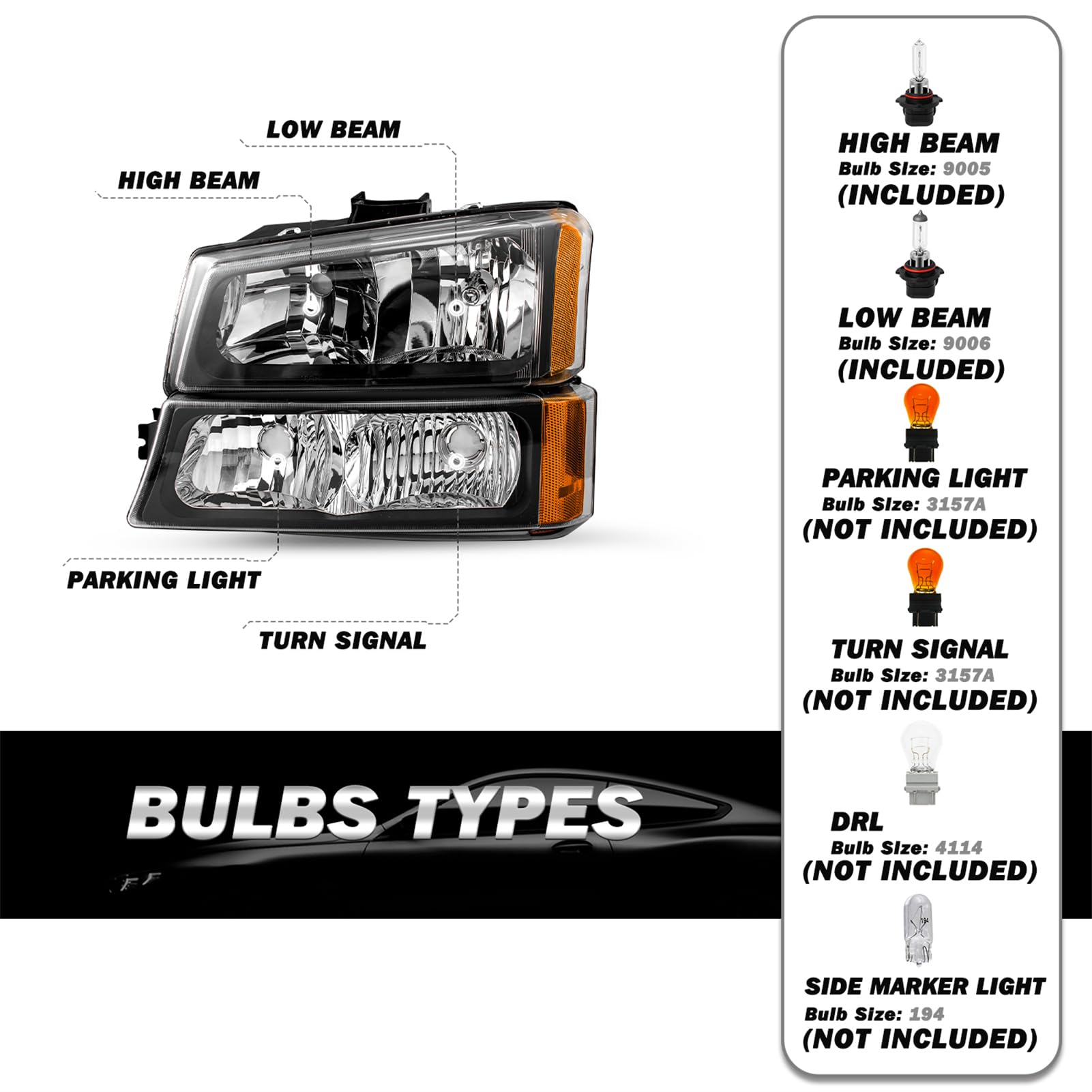 6-Piece Halogen Headlight & LED Tail Light Kit for 2003-2006 Chevy Silverado 1500/2500HD/3500 & Avalanche, 2007 Silverado Classic - Black Housing with Bumper Lights & Bulbs Included - Upgrade Your Truck Lighting for Night Driving & Off-Road Adventures