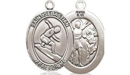 St. Sebastian Surfing Medal Pendant Necklace - Pewter Surf Charm for Men & Women - Perfect Surfing Gift & Beach Accessory