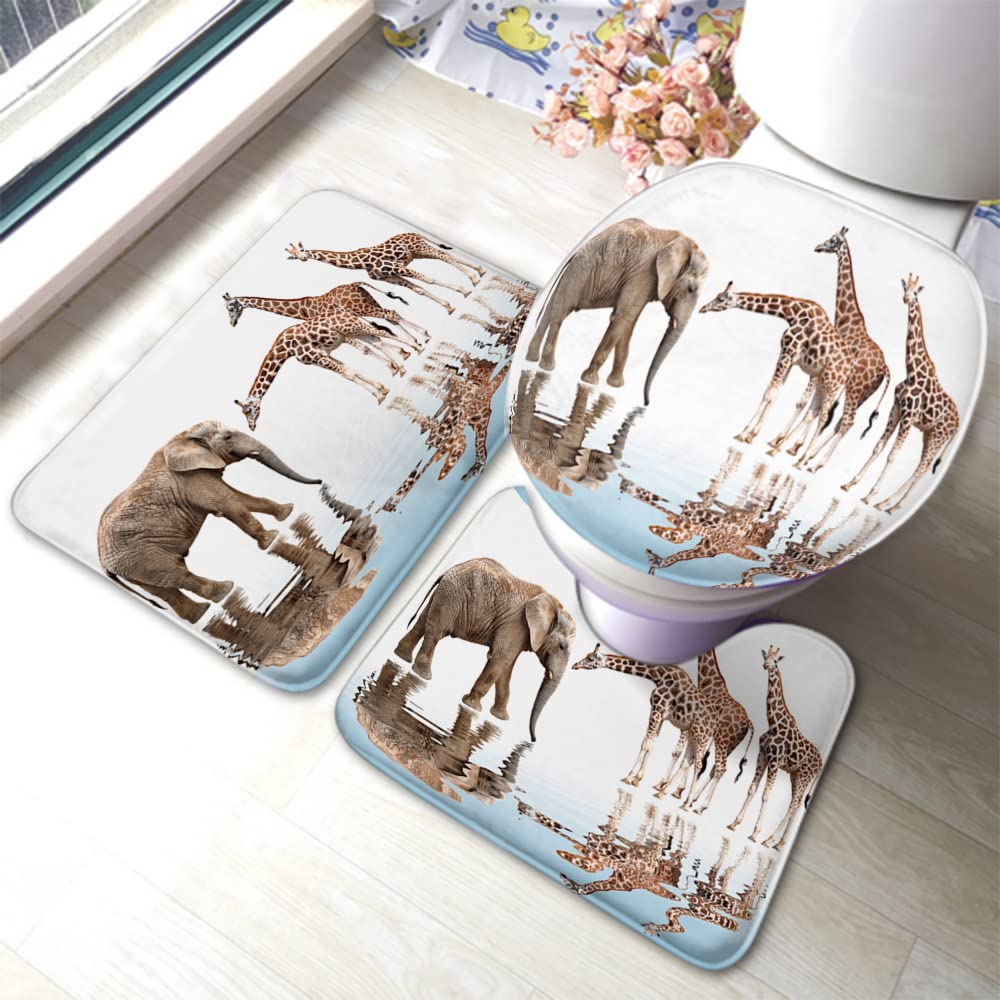 Zaueky 3-Piece African Animal Bathroom Rug Set - Non-Slip Giraffe & Elephant Design with Water Wave Reflection, Rubber Backing, U-Shaped Contour Mat & Toilet Lid Cover | Soft & Absorbent for Bath, Shower & Kids Room Decor