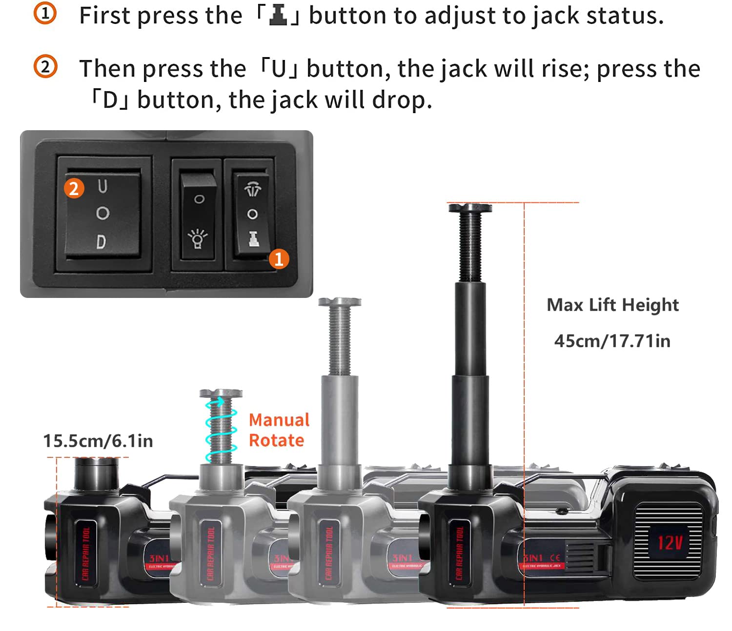 5 Ton 12V Electric Hydraulic Car Jack with Air Inflator - Portable Lifting Tool for SUV, Sedan, MPV (6.1-17.7 Inch Range) - Emergency Tire Changing & Roadside Repair Kit for Travel Safety