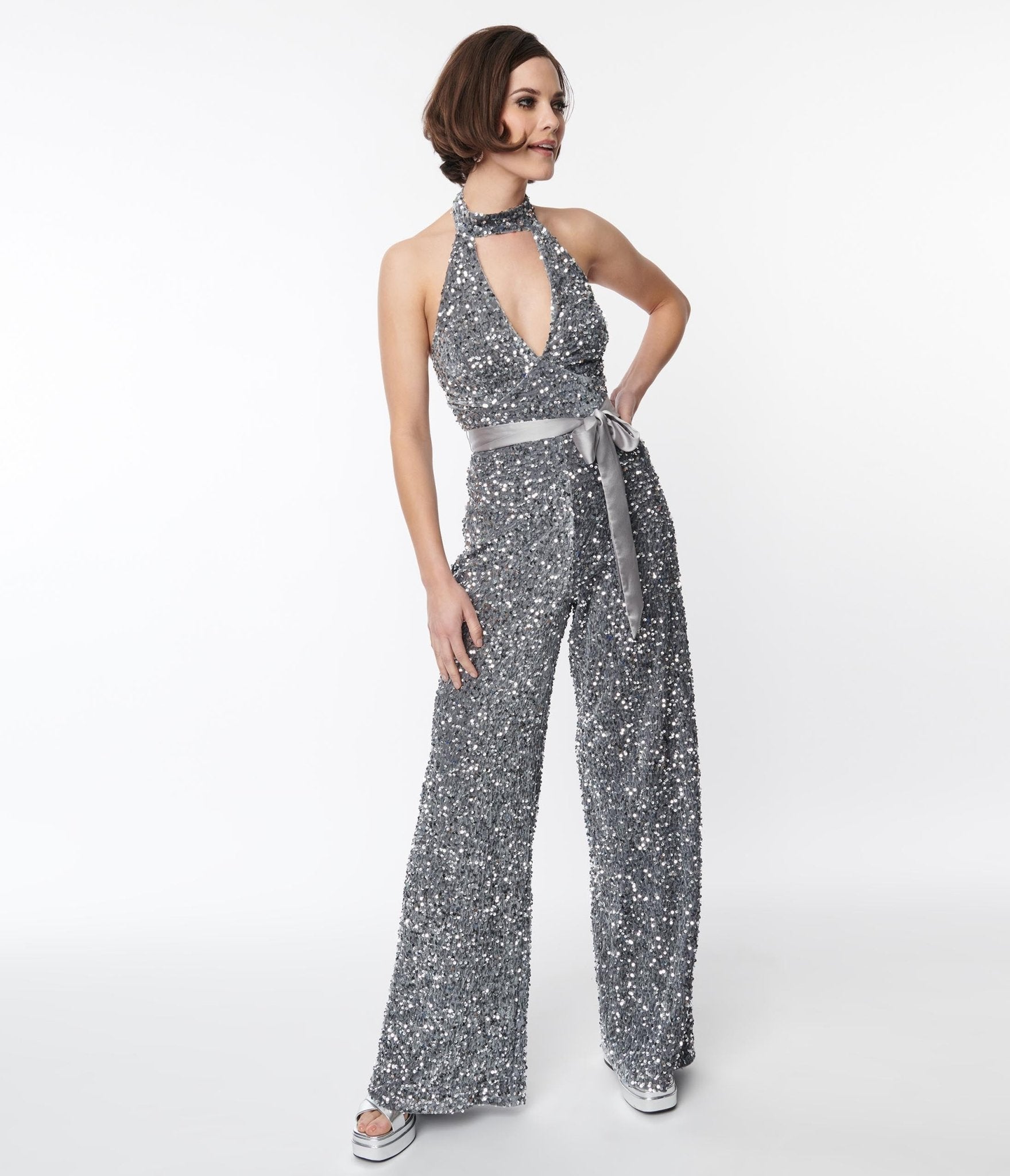 Smak Parlour Silver Sequin Glamour Goddess Jumpsuit for Women - Sparkly Party Outfit for Nightclub, Prom, or Special Events