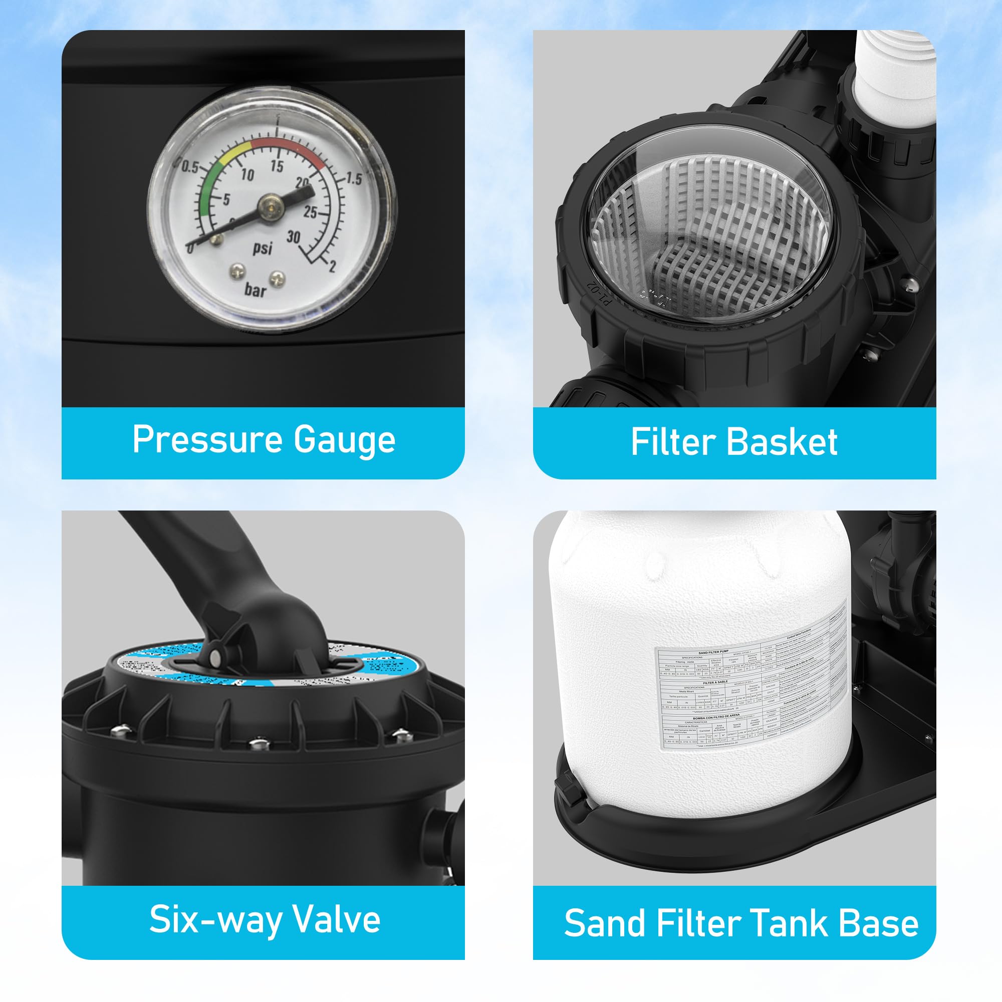 **3036GPH Sand Filter Pump for Above Ground Pools – 4.4lbs Pool Filter Balls, 20,000GAL Capacity, Timer, 6-Way Valve, GFCI Plug, 110-120V – 2-Year Warranty – Perfect for Backyard, Inflatable, and Family Swimming Pools**