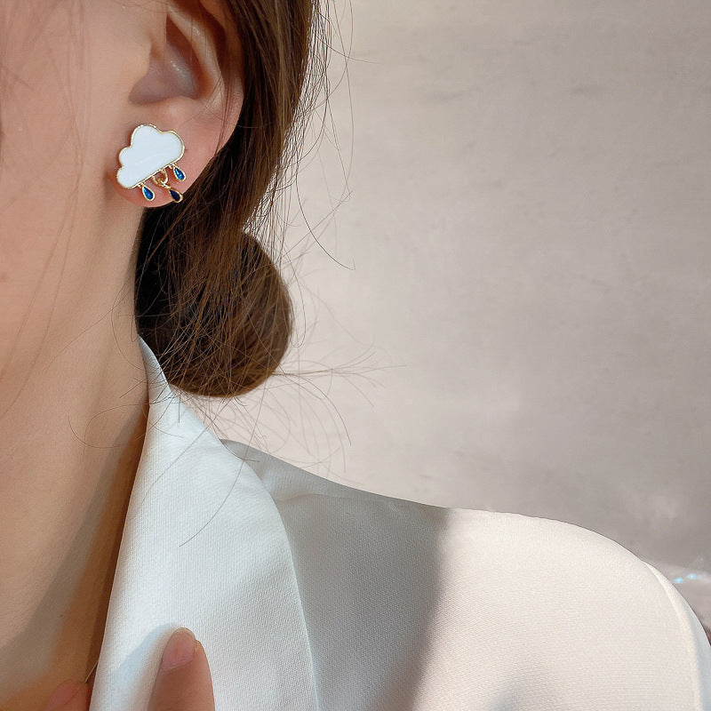Tiny Cloud Raindrop Stud Earrings | Sterling Silver Minimalist Jewelry | HE3748 | Perfect for Everyday Wear & Gift Giving