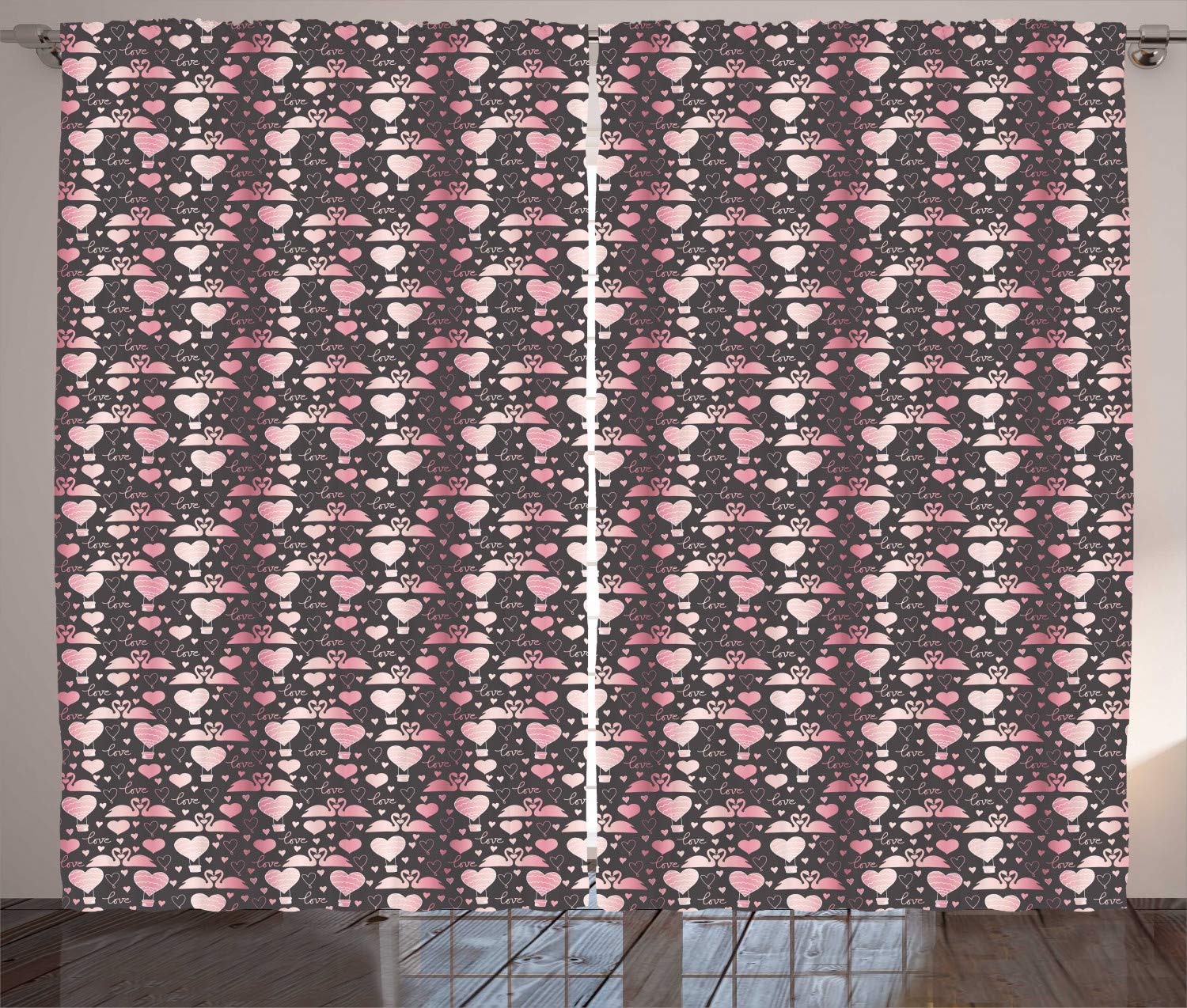 Ambesonne Valentine's Day Curtains - Lovebirds & Swans Romantic Design, Taupe Grey Pink Window Drapes 2 Panel Set (108