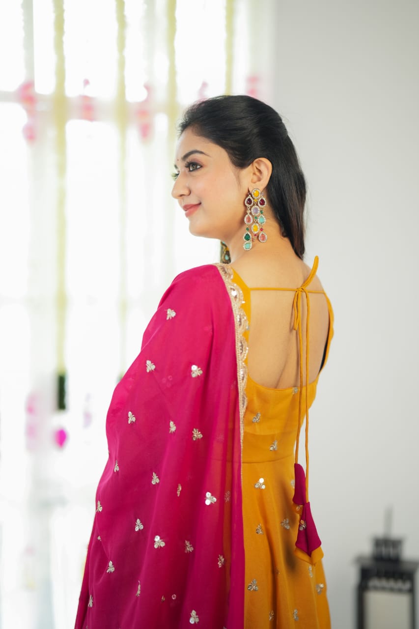 DD584 Trisha Yellow Anarkali Dress - Elegant Indian Ethnic Wear for Women, Perfect for Weddings, Festivals & Special Occasions
