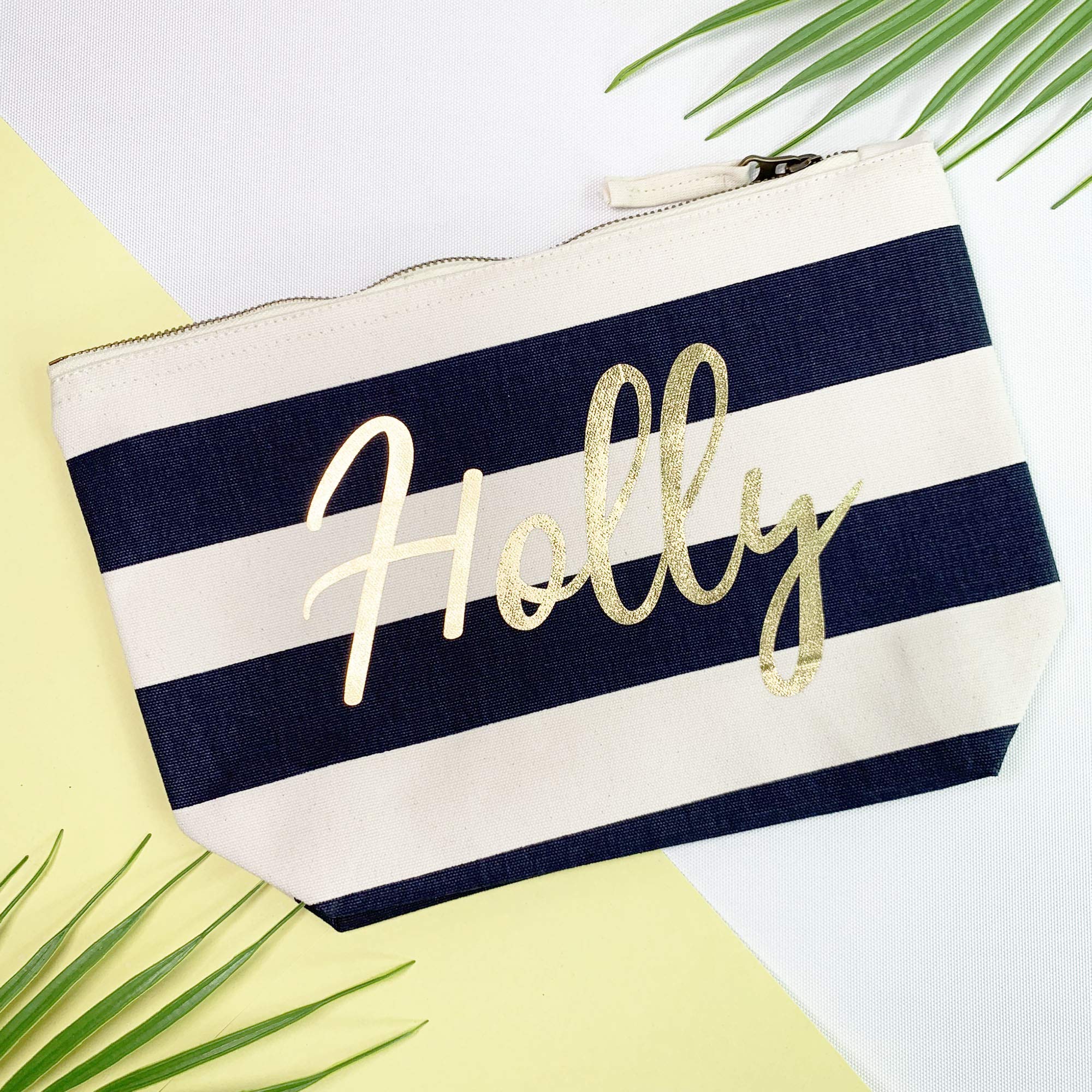 Personalized Navy & White Striped Makeup Bag with Custom Name - Perfect for Travel, Gifts, and Everyday Cosmetics Storage