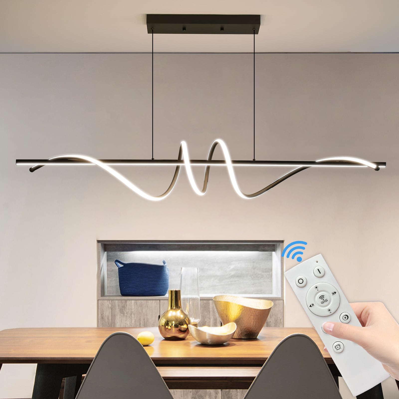 Modern Ceiling Chandelier Light with Remote Control - Dimmable 3 Color Modes (Warm/Cool/Neutral) & Adjustable Brightness, Anti-Flicker Pendant Lamp for Kitchen, Dining Room, Bedroom, Living Room, Bar and Office Lighting