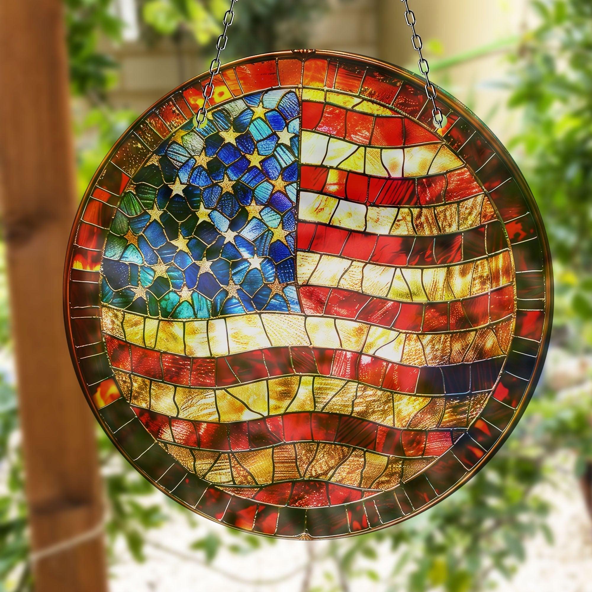American Flag Suncatcher - Patriotic Window Decor for Home & Office - Perfect for Independence Day, Memorial Day & Veterans Day Celebrations