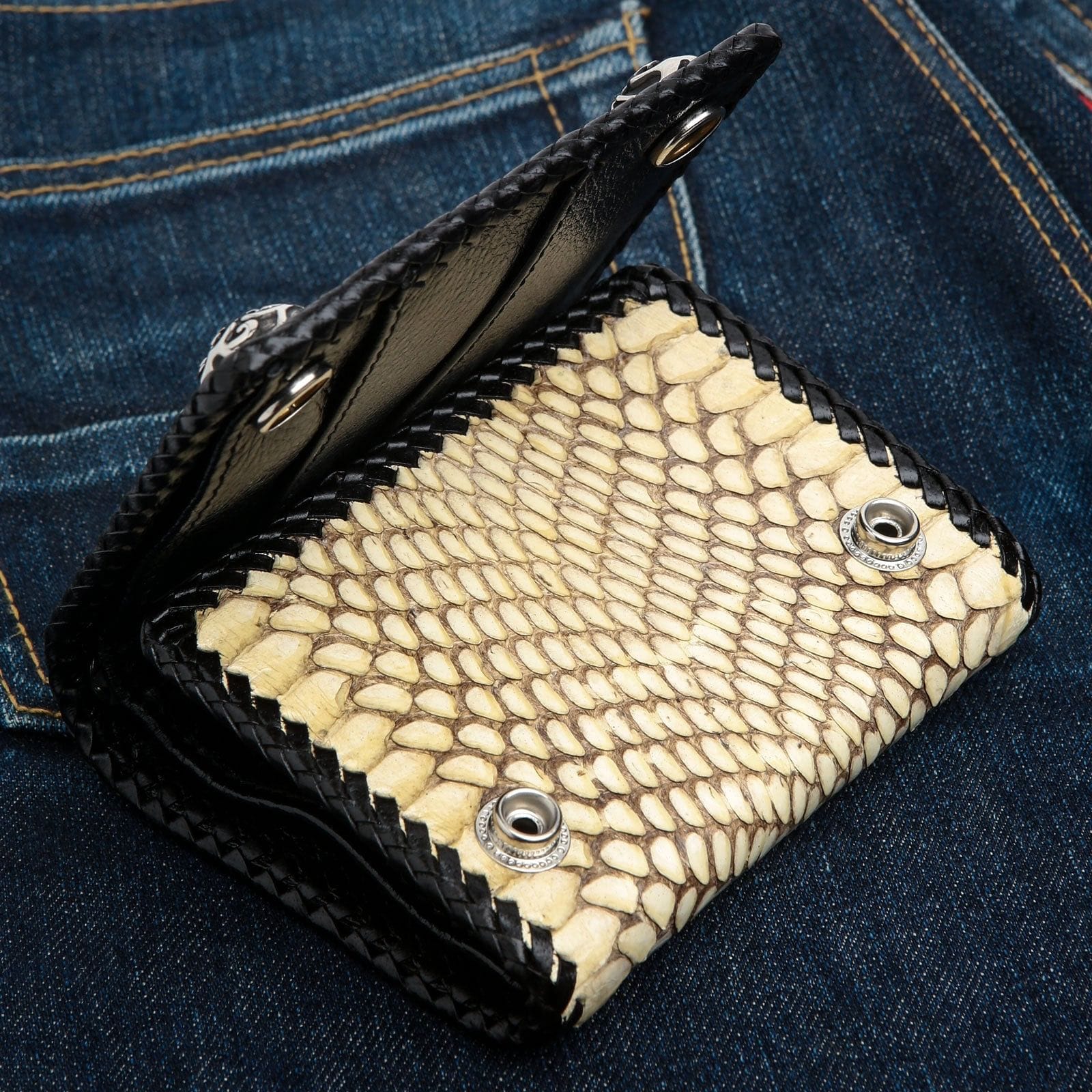 Genuine Cross Stingray Cobra Skin Leather Biker Wallet for Men - Stylish Slim RFID Blocking Bi-Fold Wallet - Perfect for Motorcycle Riders, Travel & Everyday Use