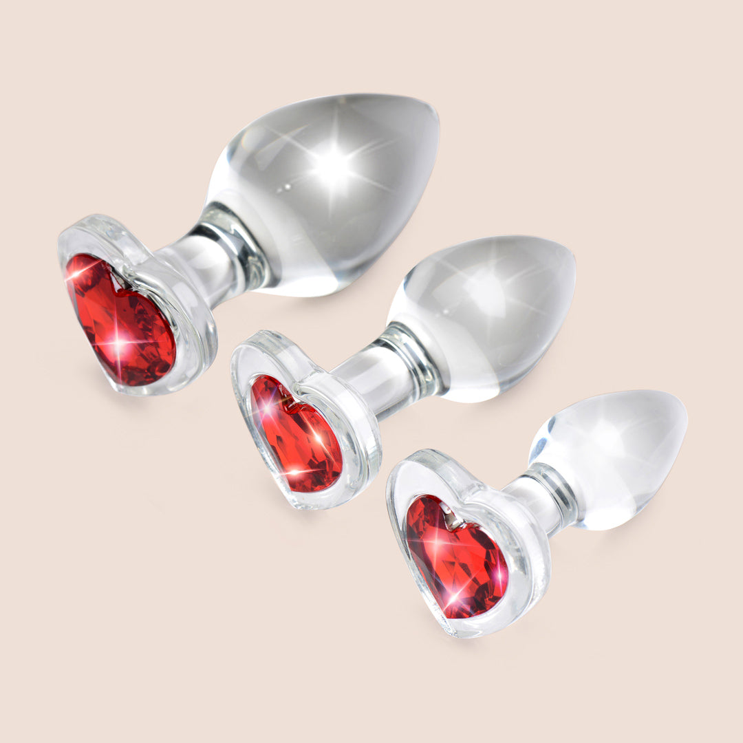 Red Heart Gem Glass Anal Plug Set - 3 Piece Jeweled Butt Plugs for Sensual Play & Couples Fun | Perfect for BDSM, Roleplay & Spicing Up Your Intimate Moments