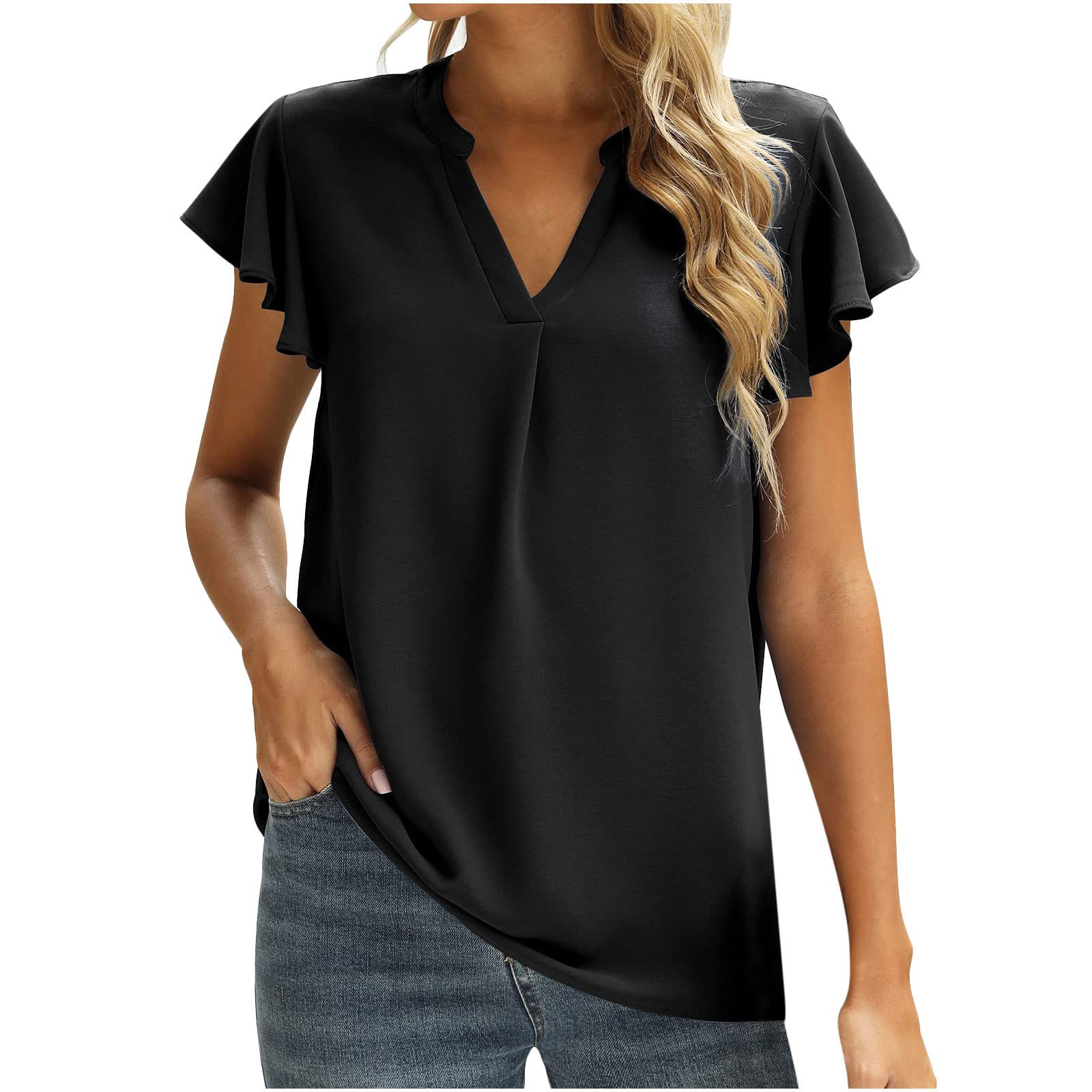 Women's Floral Print Petal Sleeve Blouse - Lace Crochet Short Sleeve Casual Top - Soft Fashion T-Shirt for Summer Outfits, Date Night & Office Wear