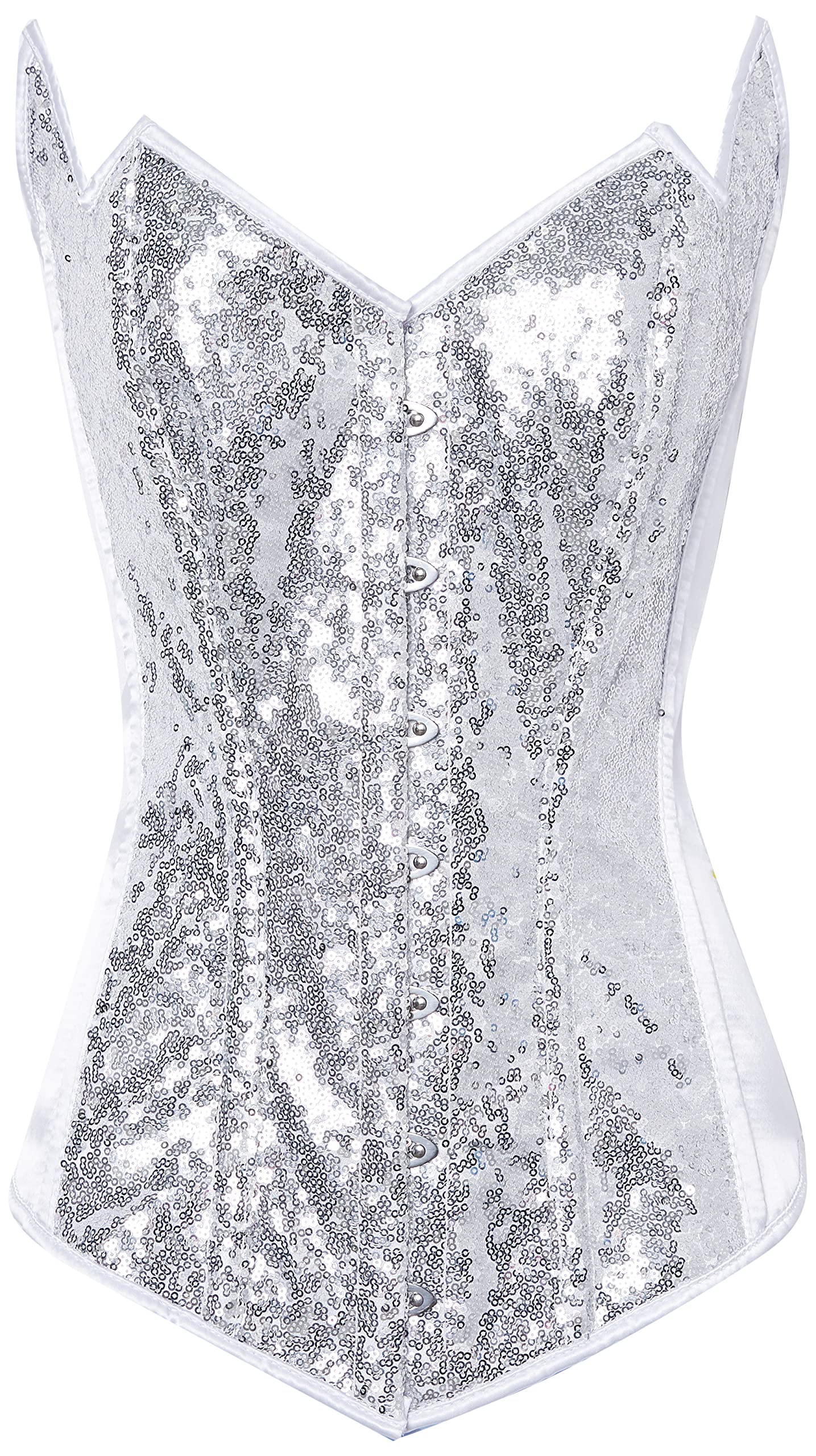**Daisy Corset for Women - White & Silver Sequin Pointed Top Steel Boned Corset | Waist Training, Burlesque, Cosplay, and Evening Wear**